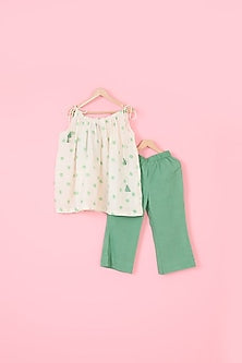 Green Mul Chanderi Flared Pant Set For Girls by Pankhuri by Priyanka - Kids at Pernia's Pop Up Shop