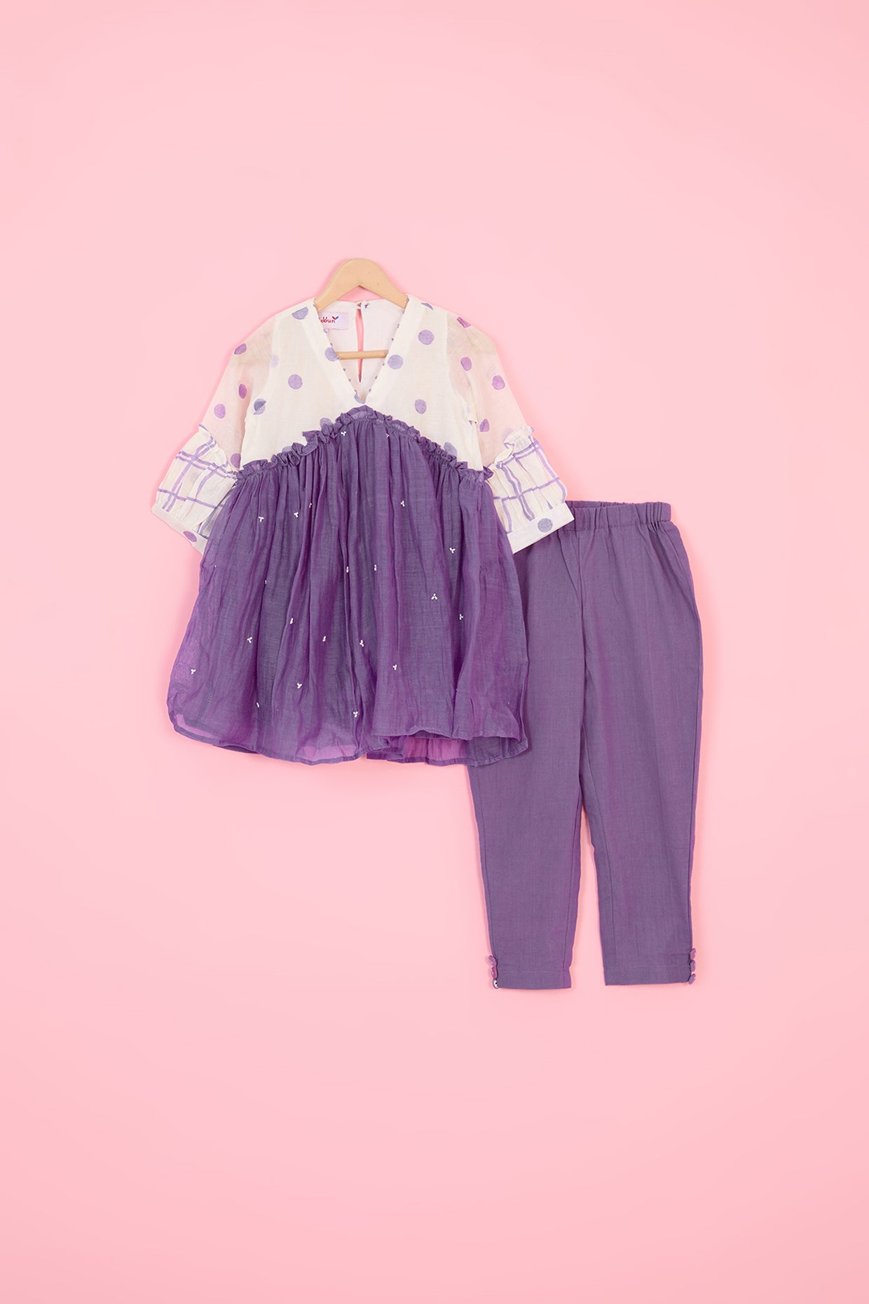Purple & Off-White Pure Chanderi Hand Block Polka Dot Printed Gathered Kurta Set For Girls by Pankhuri by Priyanka - Kids at Pernia's Pop Up Shop