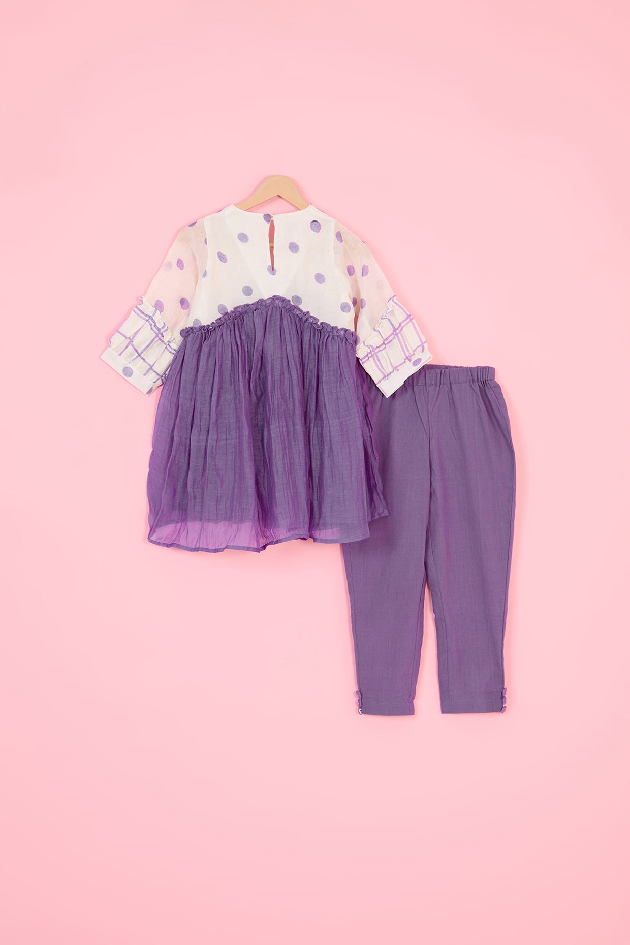 Purple & Off-White Pure Chanderi Hand Block Polka Dot Printed Gathered Kurta Set For Girls by Pankhuri by Priyanka - Kids at Pernia's Pop Up Shop