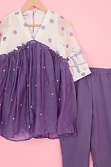 Purple & Off-White Pure Chanderi Hand Block Polka Dot Printed Gathered Kurta Set For Girls by Pankhuri by Priyanka - Kids at Pernia's Pop Up Shop