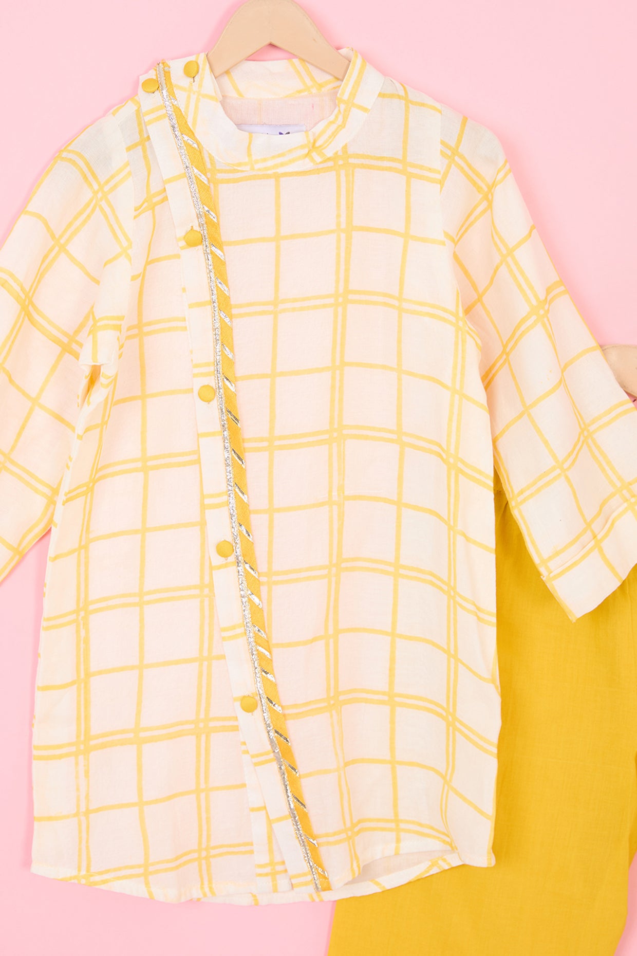 Yellow Pure Chanderi Hand Block Printed Kurta Set For Boys by Pankhuri by Priyanka - Kids at Pernia's Pop Up Shop