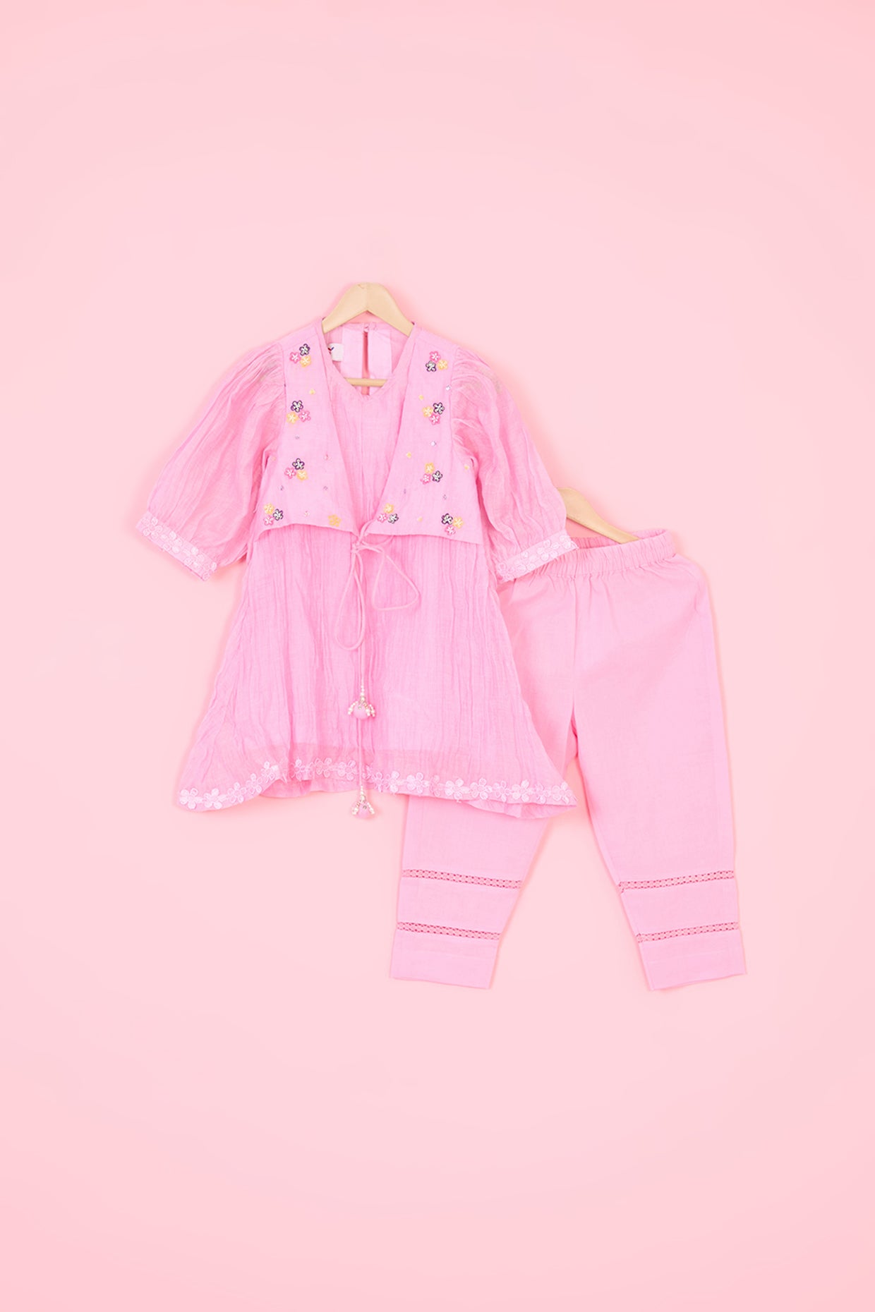 Pink Pure Chanderi Lace Hand Embroidered Kurta Set For Girls by Pankhuri by Priyanka - Kids at Pernia's Pop Up Shop