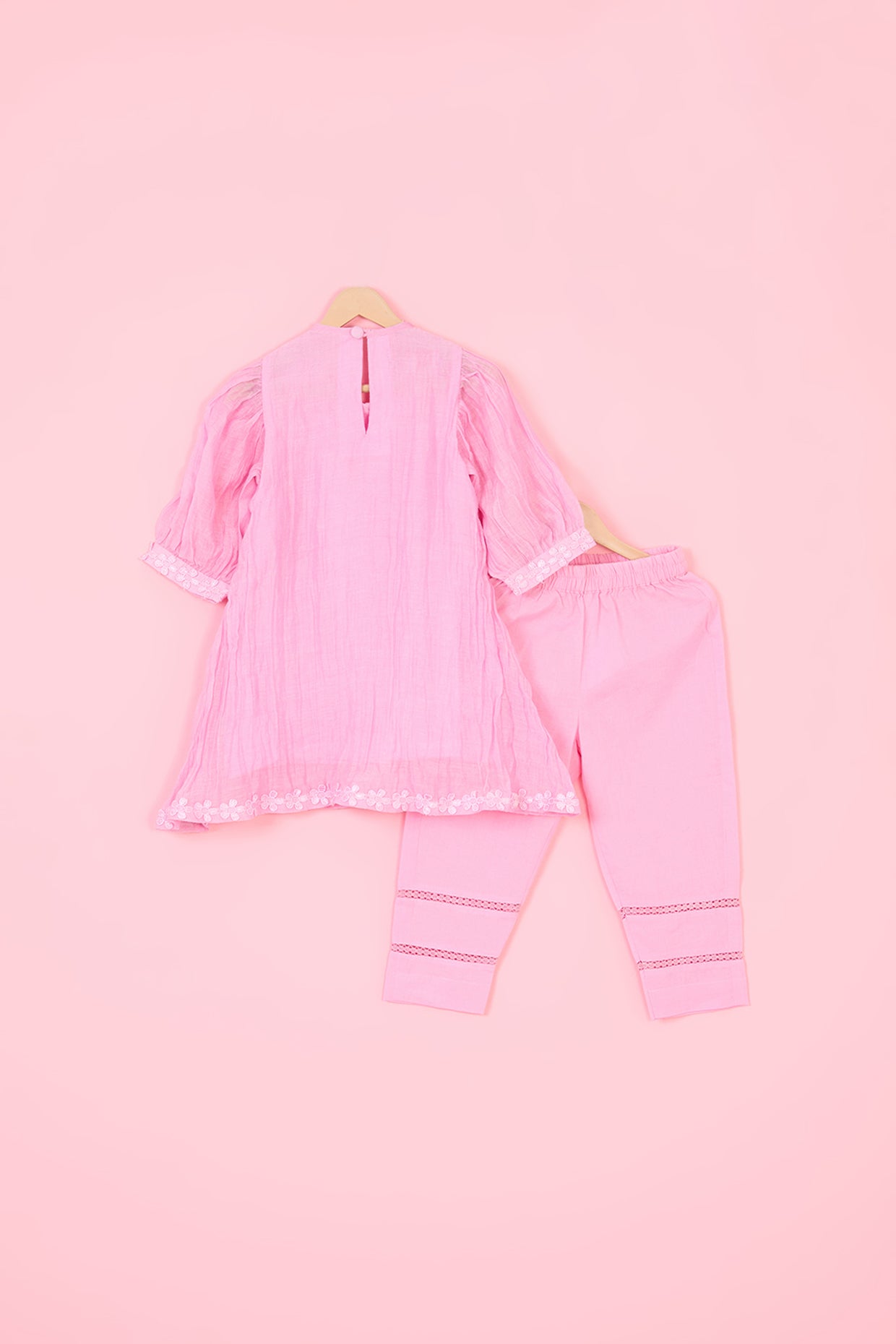 Pink Pure Chanderi Lace Hand Embroidered Kurta Set For Girls by Pankhuri by Priyanka - Kids at Pernia's Pop Up Shop