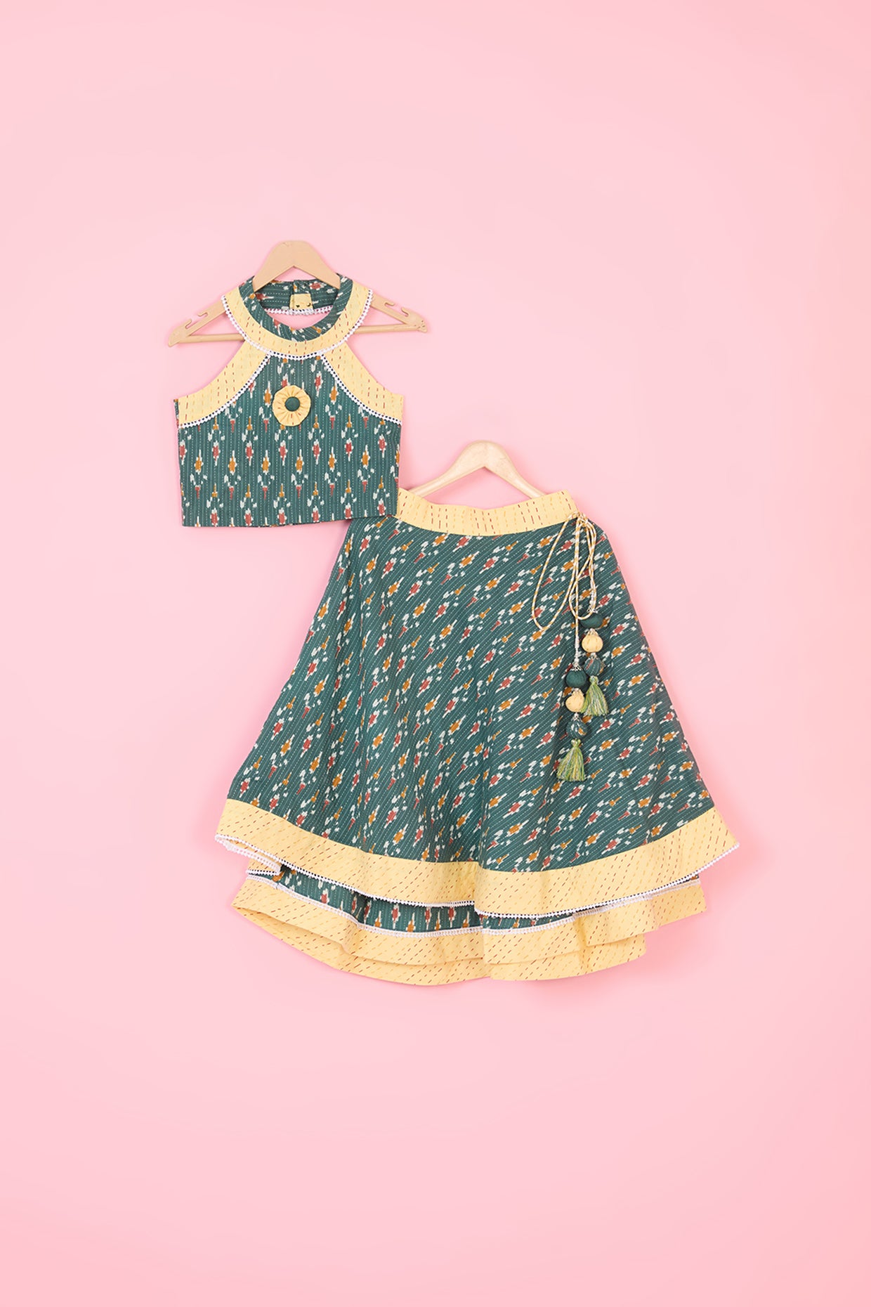 Green Cotton Printed Layered Lehenga Set For Girls by Pankhuri by Priyanka - Kids at Pernia's Pop Up Shop
