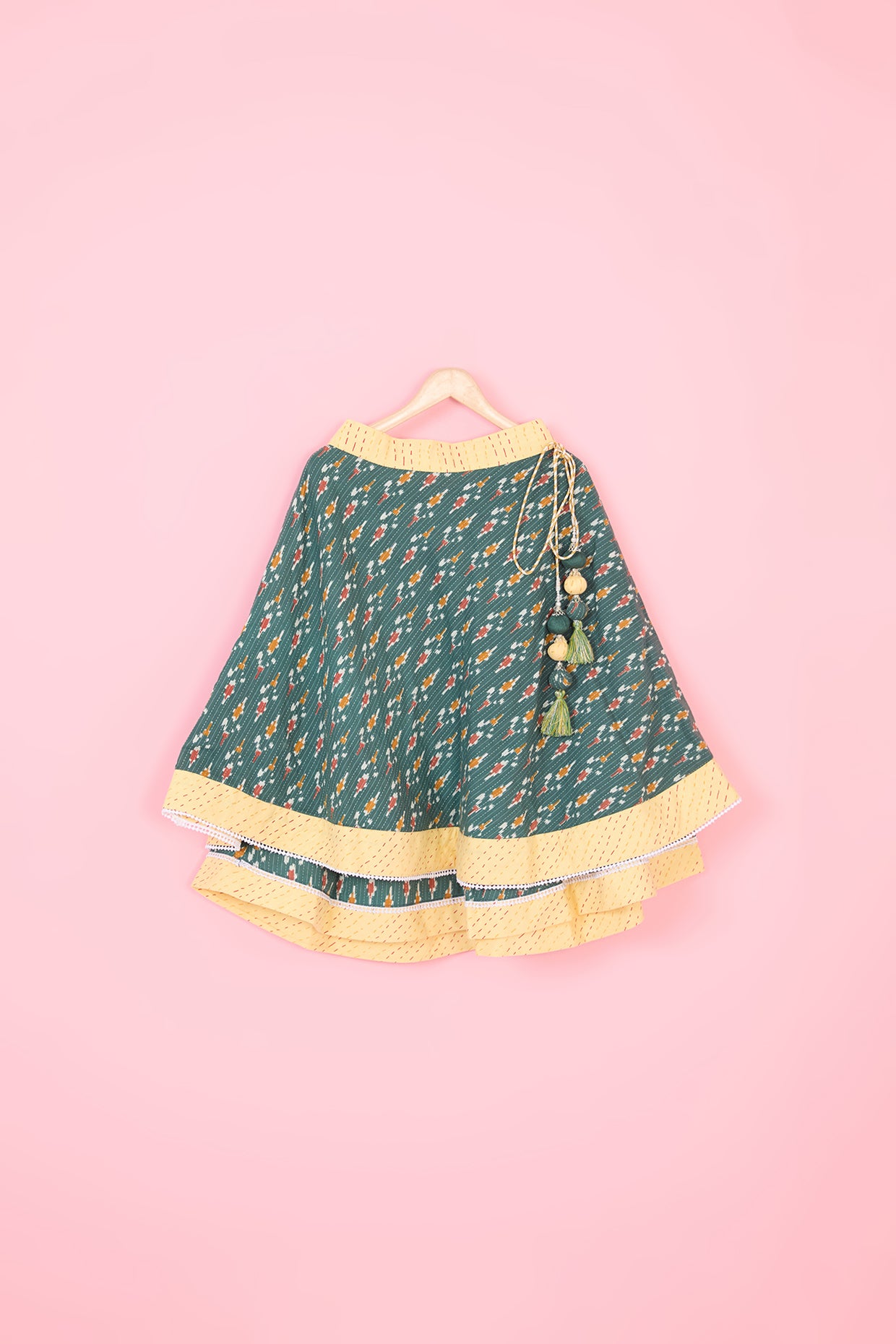 Green Cotton Printed Layered Lehenga Set For Girls by Pankhuri by Priyanka - Kids at Pernia's Pop Up Shop