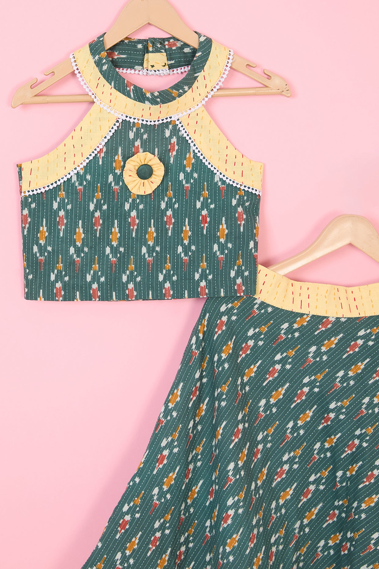 Green Cotton Printed Layered Lehenga Set For Girls by Pankhuri by Priyanka - Kids at Pernia's Pop Up Shop