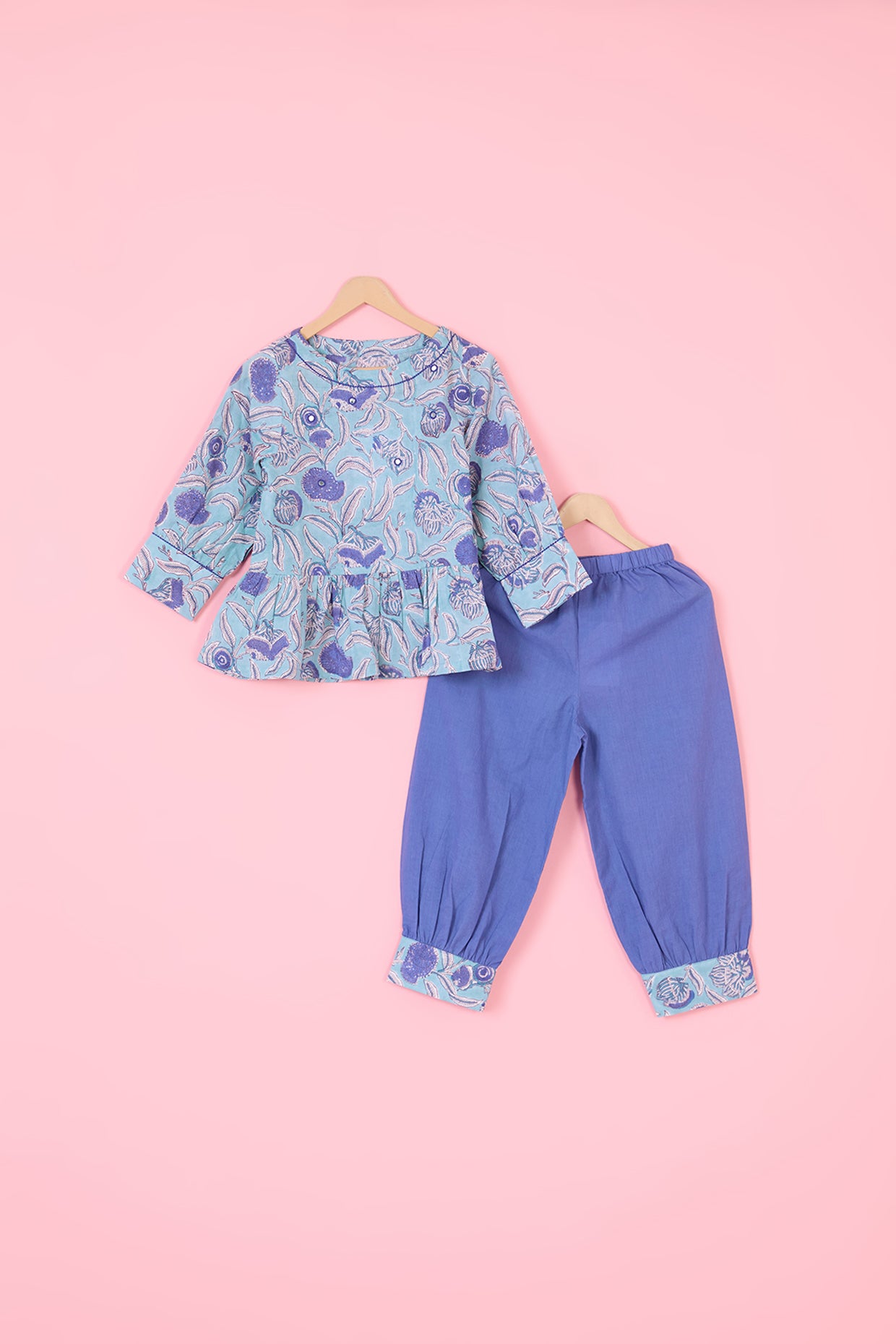 Cobalt Blue Cotton Block Printed Co-Ord For Girls by Pankhuri by Priyanka - Kids at Pernia's Pop Up Shop