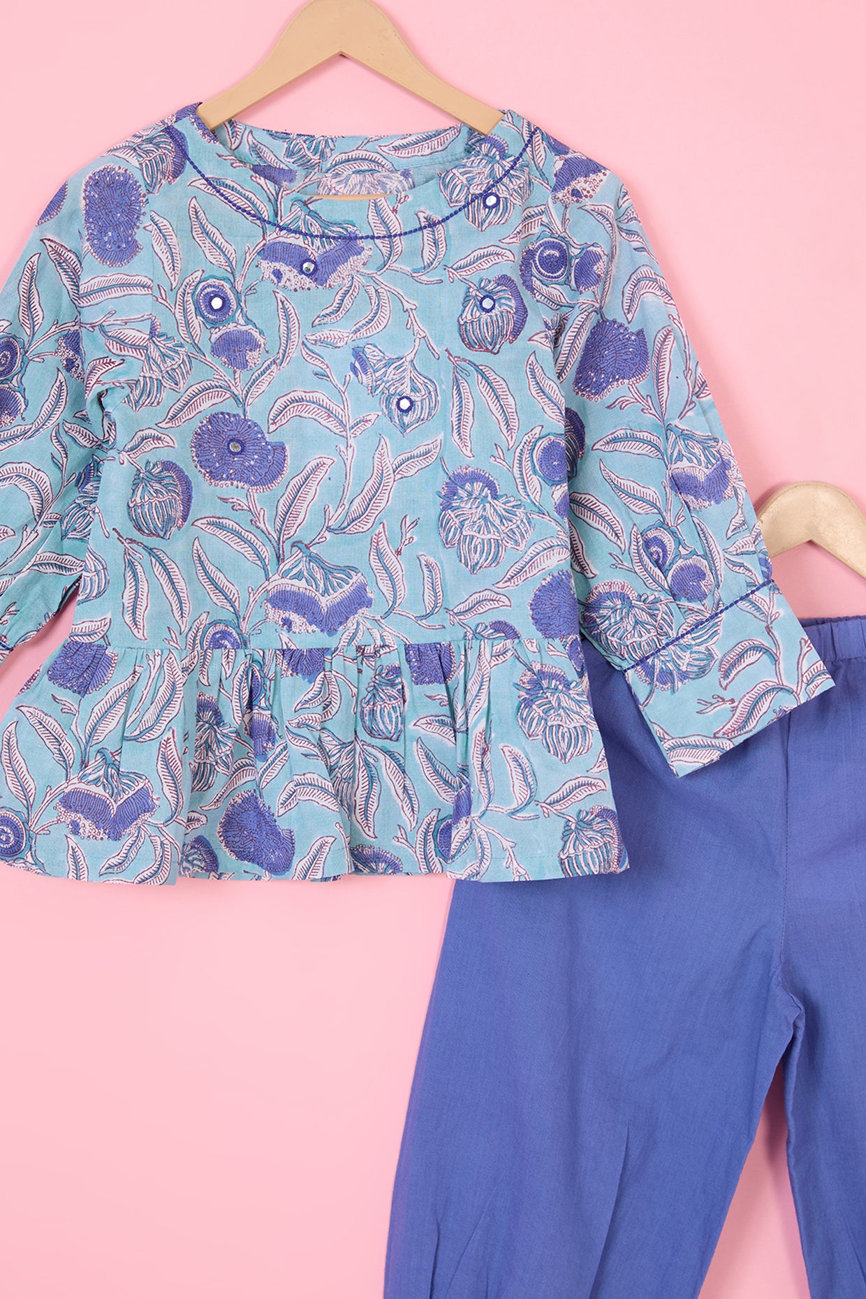 Cobalt Blue Cotton Block Printed Co-Ord For Girls by Pankhuri by Priyanka - Kids at Pernia's Pop Up Shop