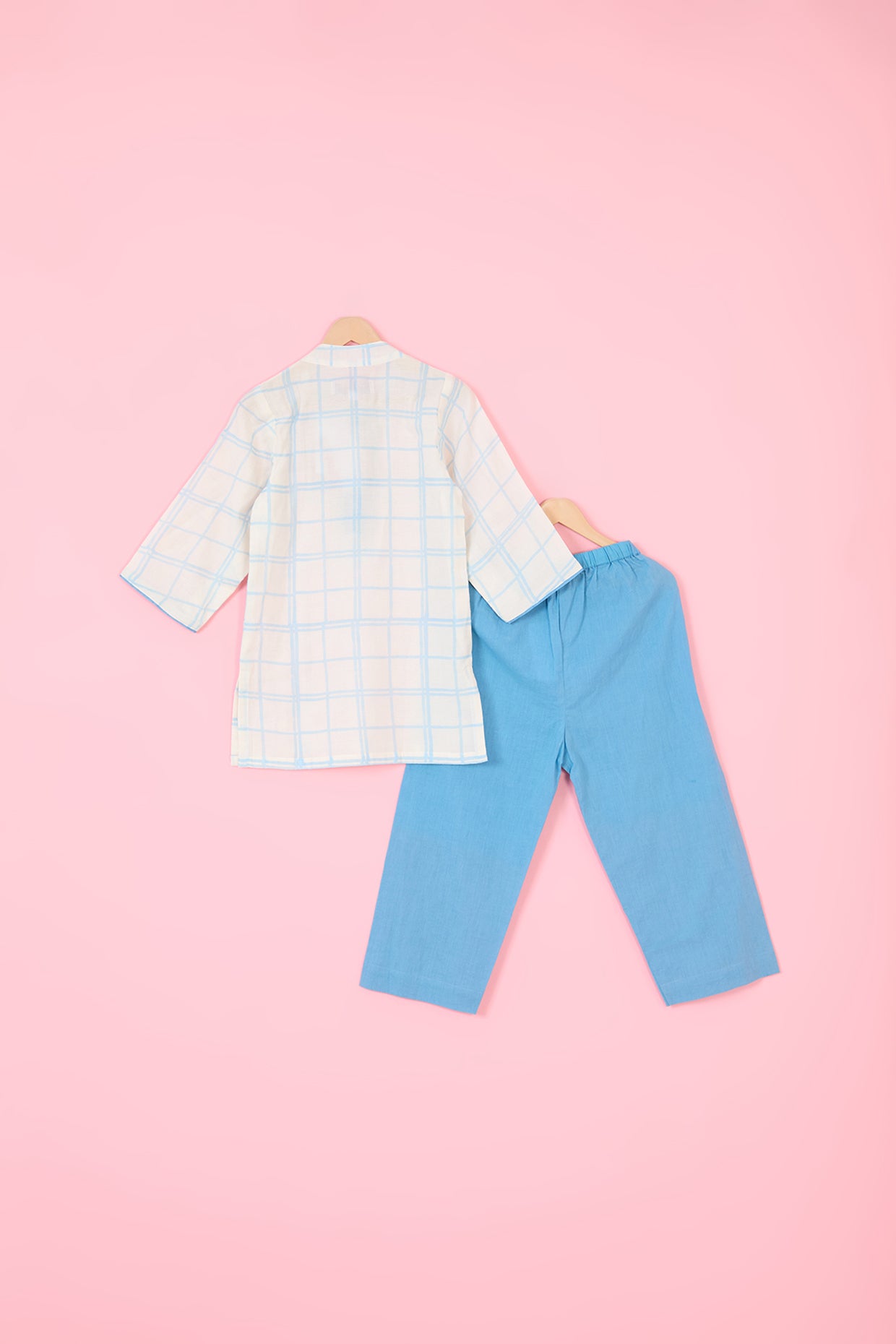 Powder Blue Pure Chanderi Hand Block Printed Kurta Set For Boys by Pankhuri by Priyanka - Kids at Pernia's Pop Up Shop