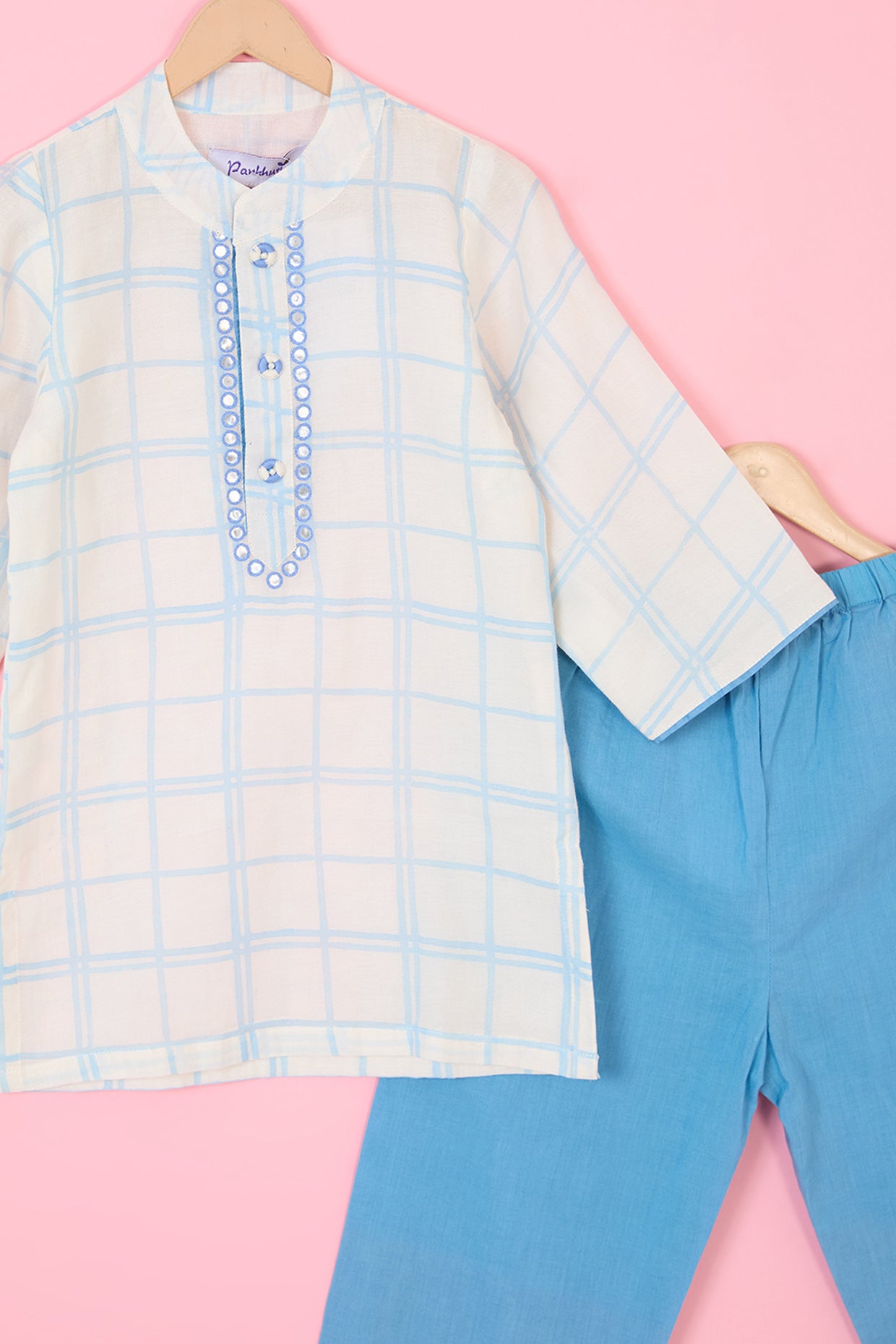 Powder Blue Pure Chanderi Hand Block Printed Kurta Set For Boys by Pankhuri by Priyanka - Kids at Pernia's Pop Up Shop