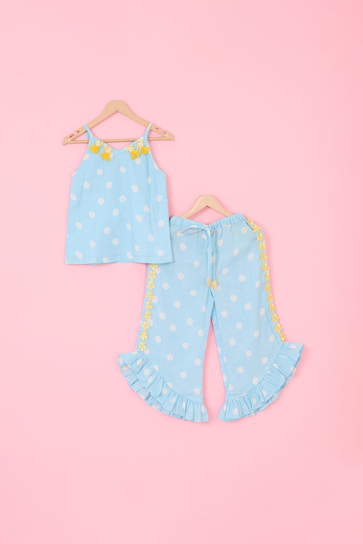 Powder Blue Mul Chanderi Hand Block Polka Dot Printed Co-Ord For Girls by Pankhuri by Priyanka - Kids at Pernia's Pop Up Shop