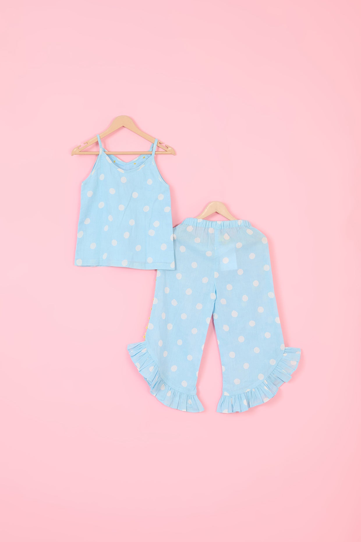 Powder Blue Mul Chanderi Hand Block Polka Dot Printed Co-Ord For Girls by Pankhuri by Priyanka - Kids at Pernia's Pop Up Shop