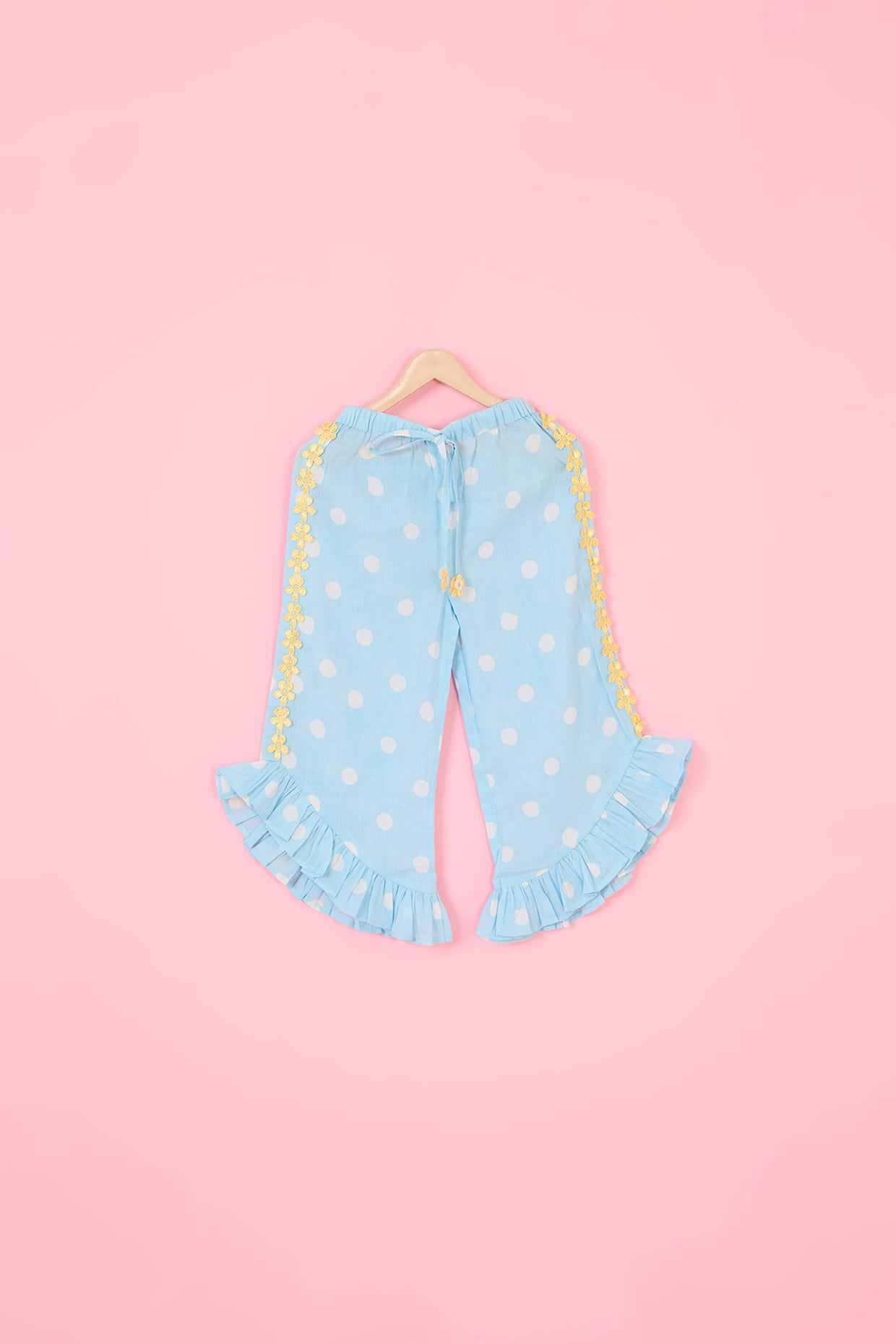 Powder Blue Mul Chanderi Hand Block Polka Dot Printed Co-Ord For Girls by Pankhuri by Priyanka - Kids at Pernia's Pop Up Shop