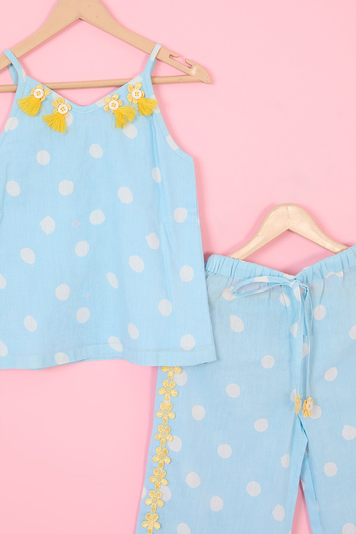 Powder Blue Mul Chanderi Hand Block Polka Dot Printed Co-Ord For Girls by Pankhuri by Priyanka - Kids at Pernia's Pop Up Shop