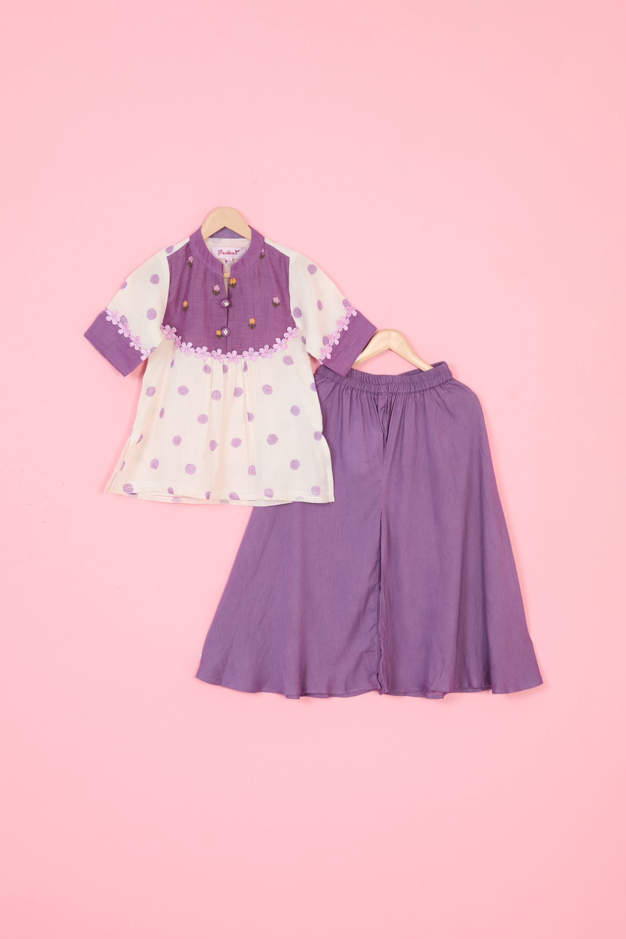 Purple Pure Chanderi Flared Palazzo Pant Set For Girls by Pankhuri by Priyanka - Kids at Pernia's Pop Up Shop