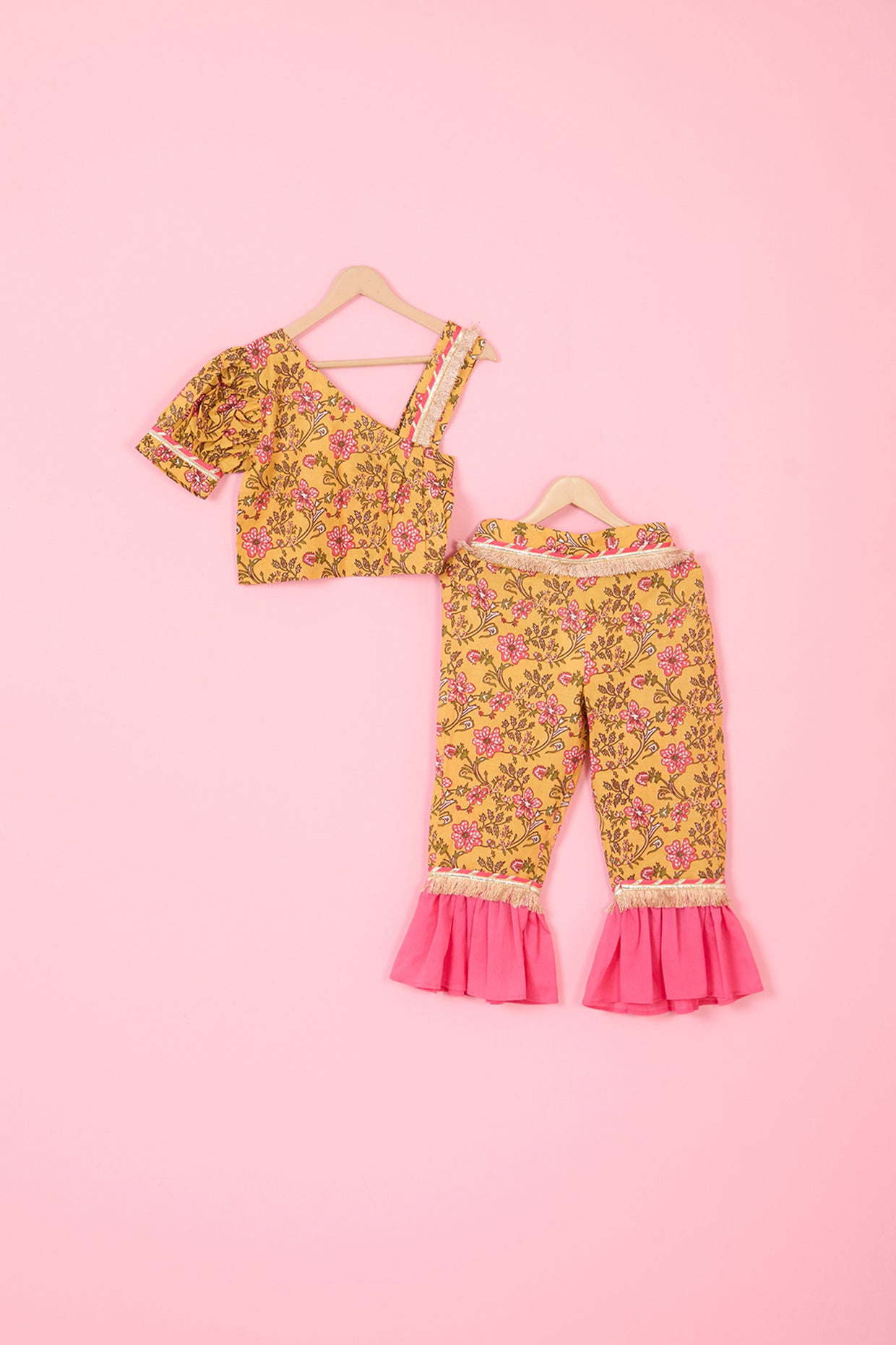Yellow Cotton Hand Block Printed Co-Ord Set For Girls by Pankhuri by Priyanka - Kids at Pernia's Pop Up Shop