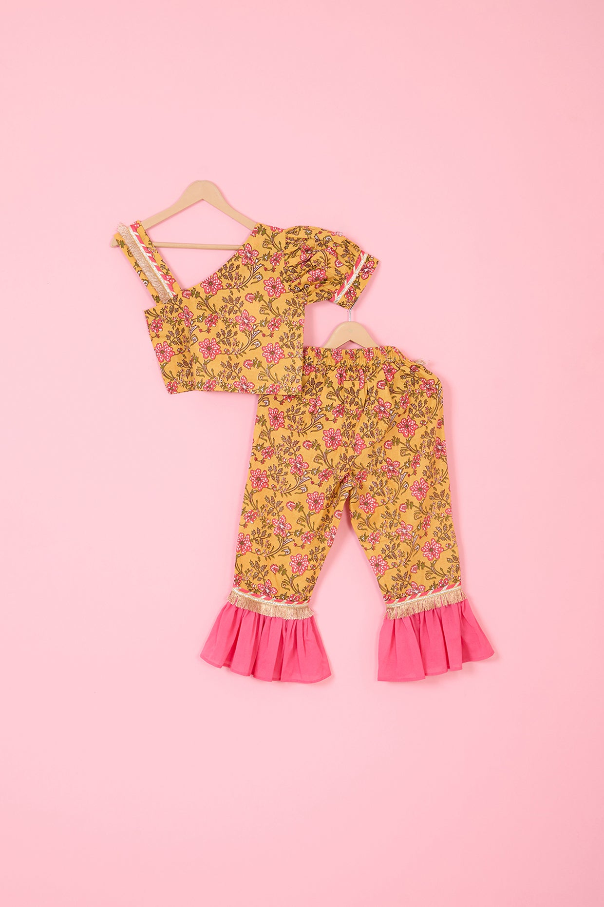 Yellow Cotton Hand Block Printed Co-Ord Set For Girls by Pankhuri by Priyanka - Kids at Pernia's Pop Up Shop