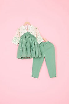 Green & Off-White Pure Chanderi Hand Block Polka Dot Printed Gathered Kurta Set For Girls by Pankhuri by Priyanka - Kids at Pernia's Pop Up Shop