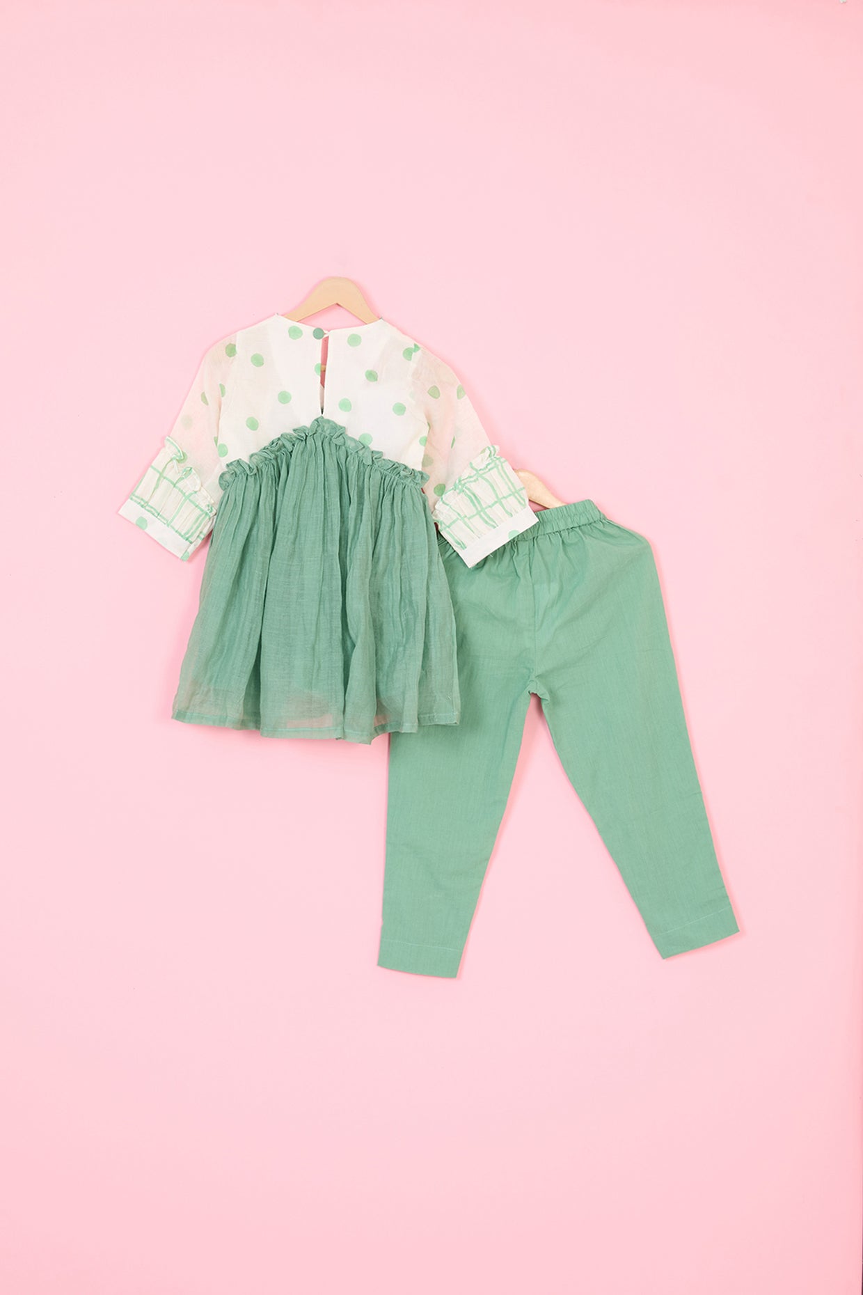 Green & Off-White Pure Chanderi Hand Block Polka Dot Printed Gathered Kurta Set For Girls by Pankhuri by Priyanka - Kids at Pernia's Pop Up Shop