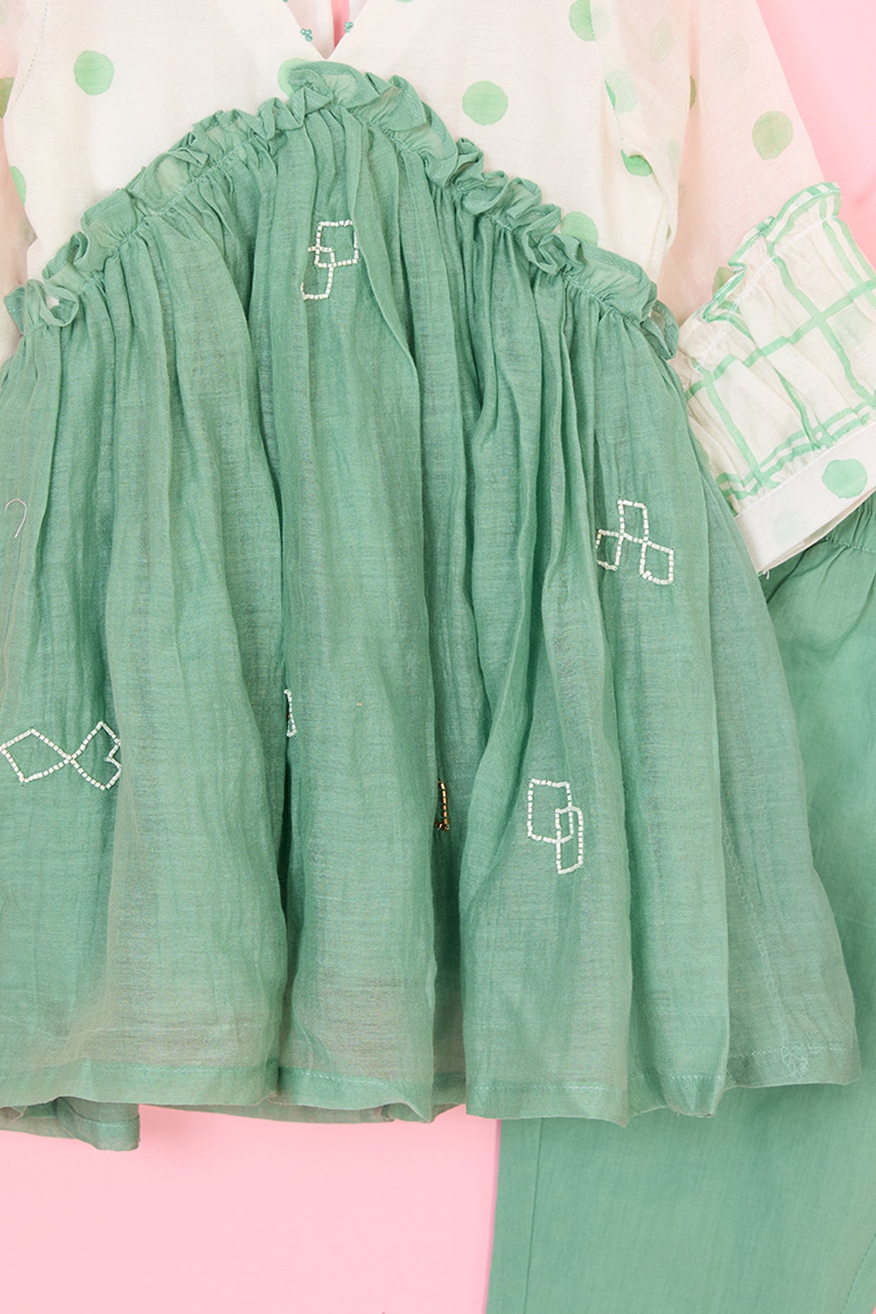 Green & Off-White Pure Chanderi Hand Block Polka Dot Printed Gathered Kurta Set For Girls by Pankhuri by Priyanka - Kids at Pernia's Pop Up Shop