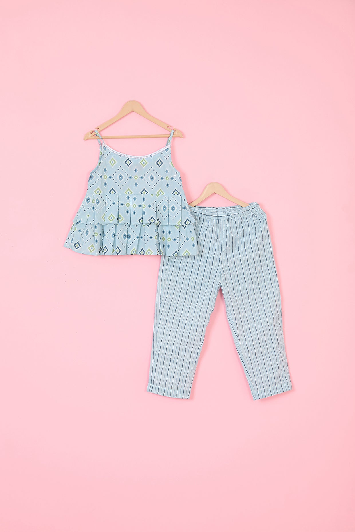 Powder Blue Cotton Printed Co-Ord Set For Girls by Pankhuri by Priyanka - Kids at Pernia's Pop Up Shop