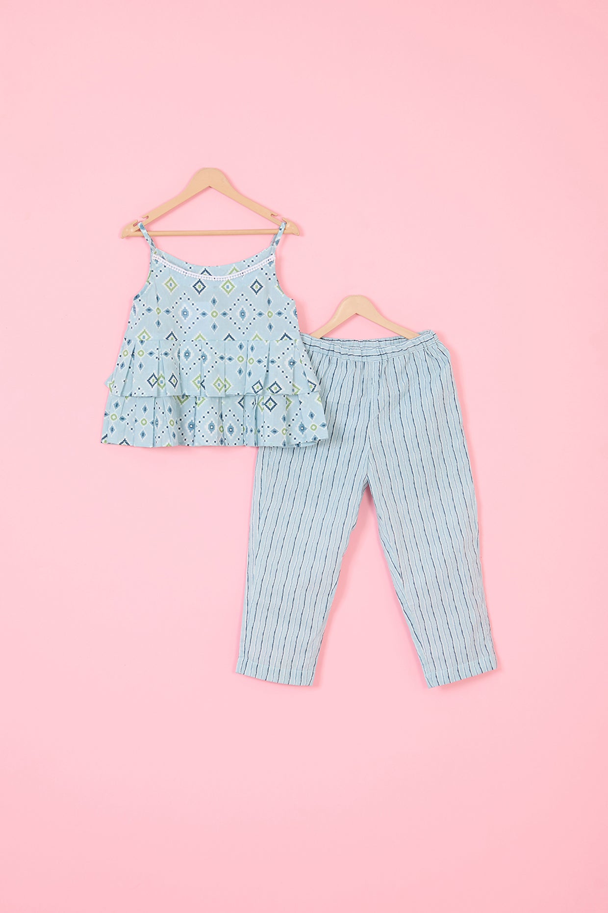 Powder Blue Cotton Printed Co-Ord Set For Girls by Pankhuri by Priyanka - Kids at Pernia's Pop Up Shop