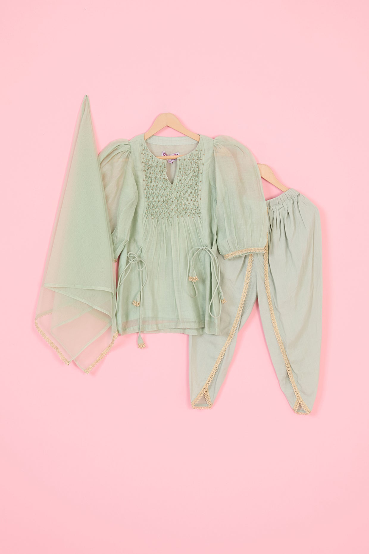 Pastel Green Pure Chanderi Kurta Set For Girls by Pankhuri by Priyanka - Kids at Pernia's Pop Up Shop