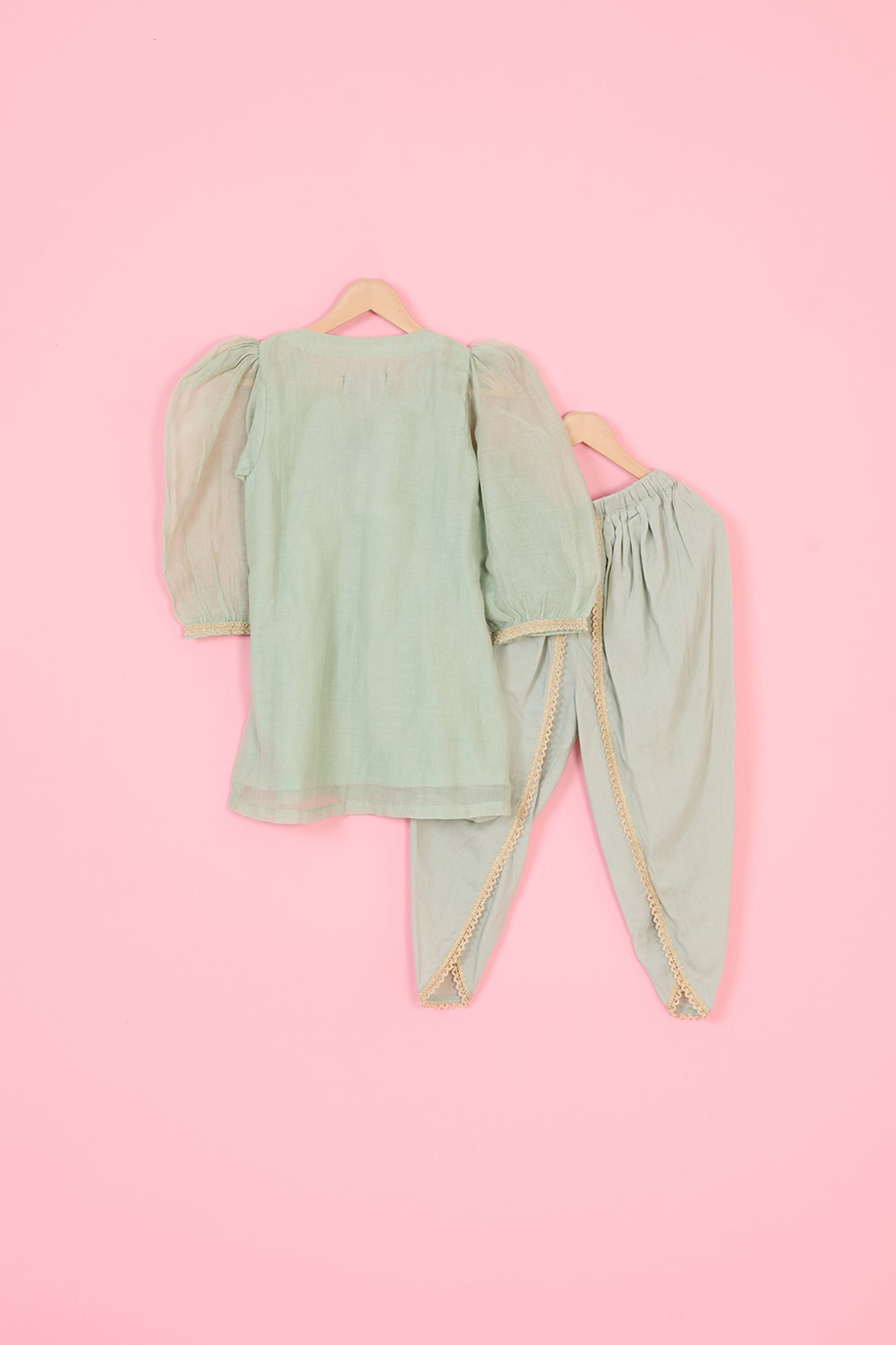 Pastel Green Pure Chanderi Kurta Set For Girls by Pankhuri by Priyanka - Kids at Pernia's Pop Up Shop