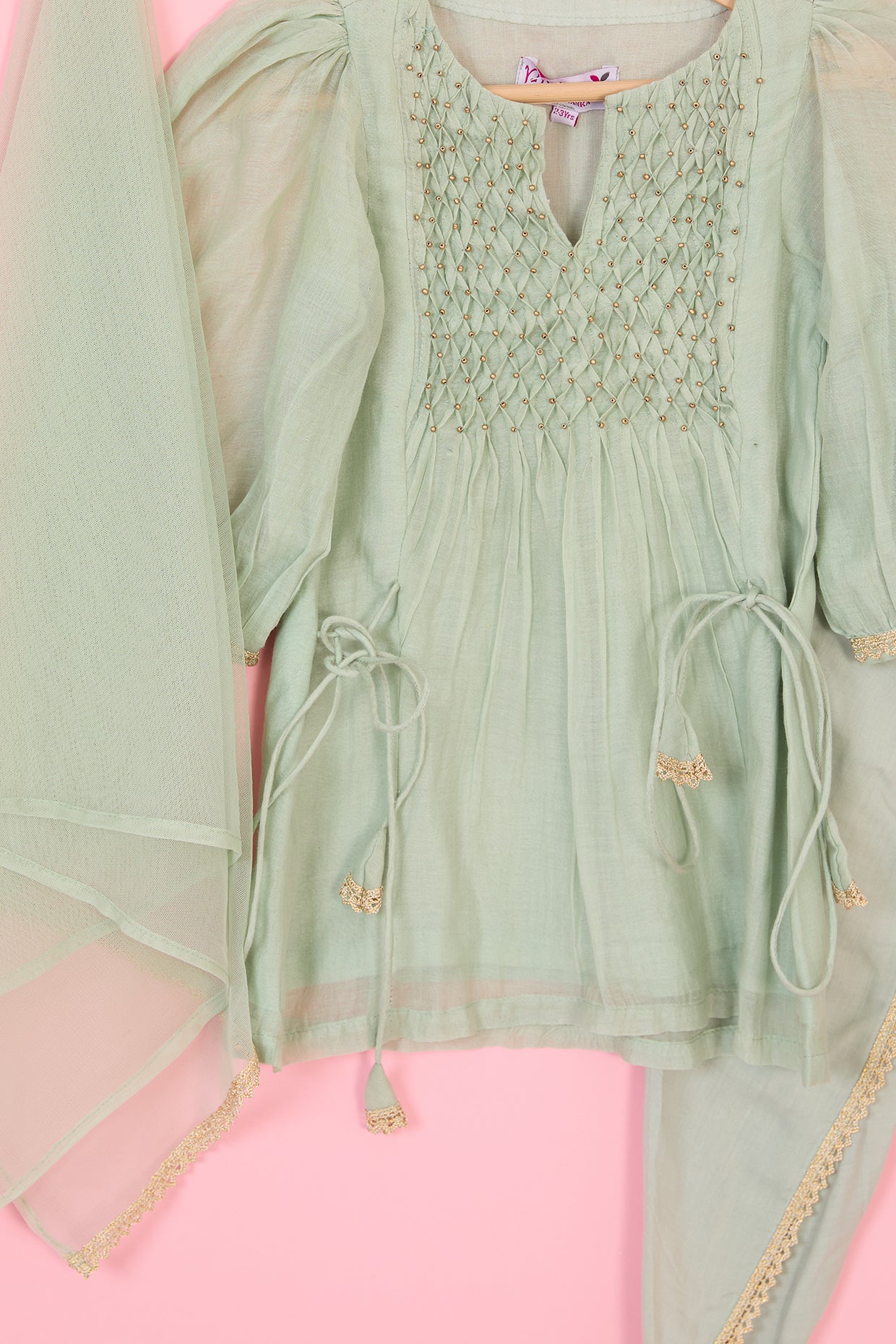 Pastel Green Pure Chanderi Kurta Set For Girls by Pankhuri by Priyanka - Kids at Pernia's Pop Up Shop