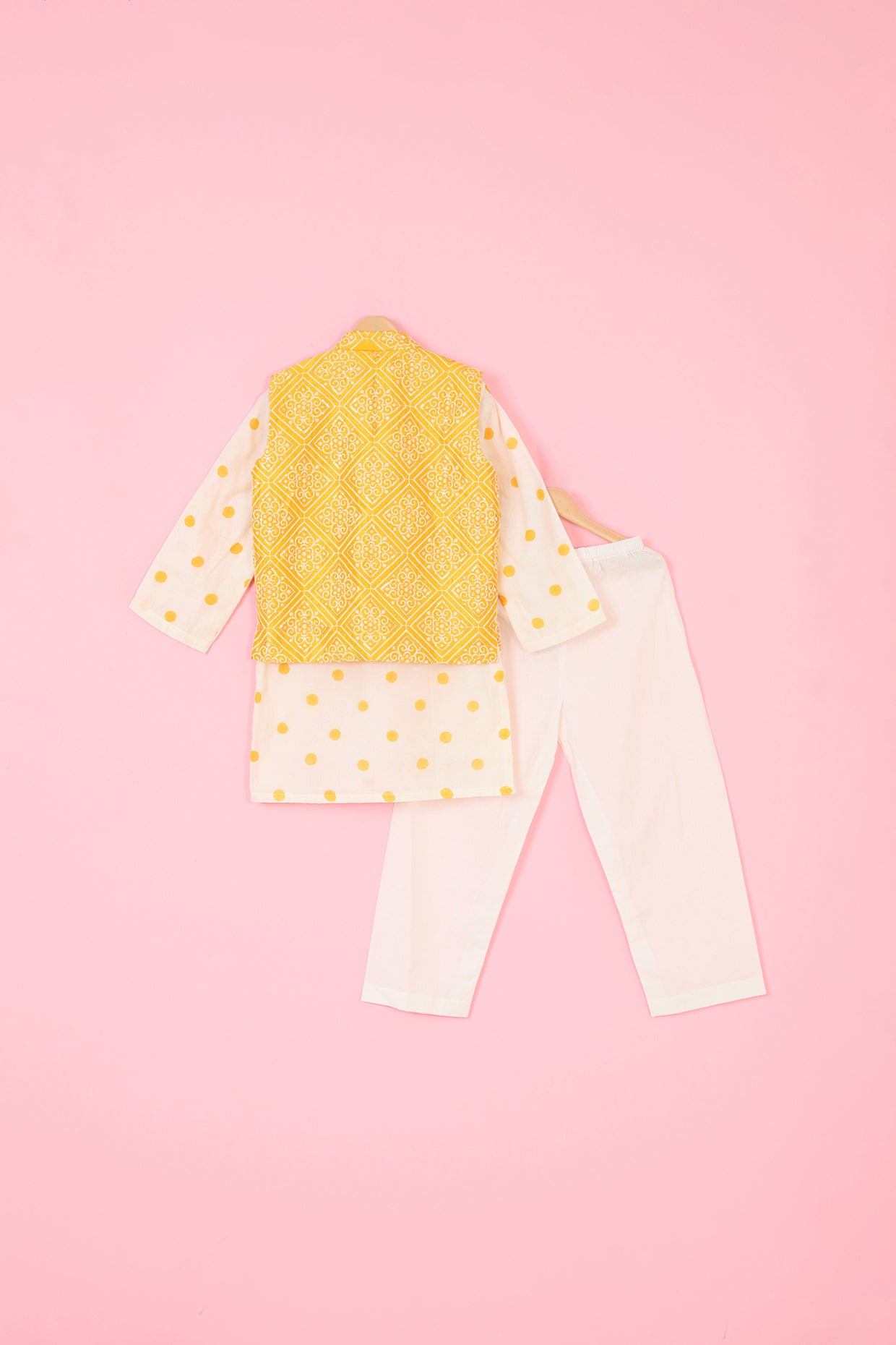 Yellow Pure Chanderi Hand Block Printed Nehru Jacket Set For Boys by Pankhuri by Priyanka - Kids at Pernia's Pop Up Shop