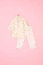 Yellow Pure Chanderi Hand Block Printed Nehru Jacket Set For Boys by Pankhuri by Priyanka - Kids at Pernia's Pop Up Shop
