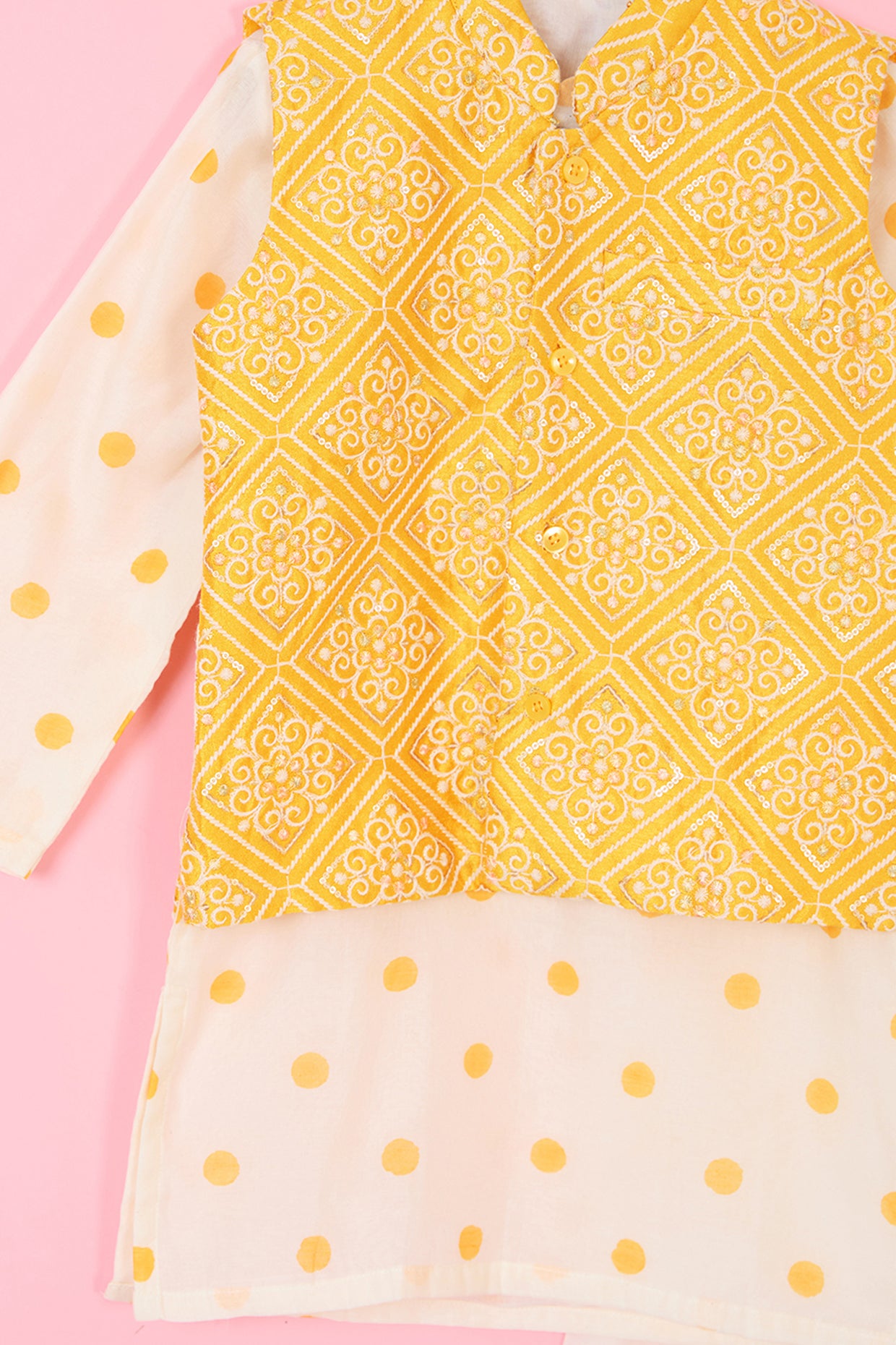 Yellow Pure Chanderi Hand Block Printed Nehru Jacket Set For Boys by Pankhuri by Priyanka - Kids at Pernia's Pop Up Shop