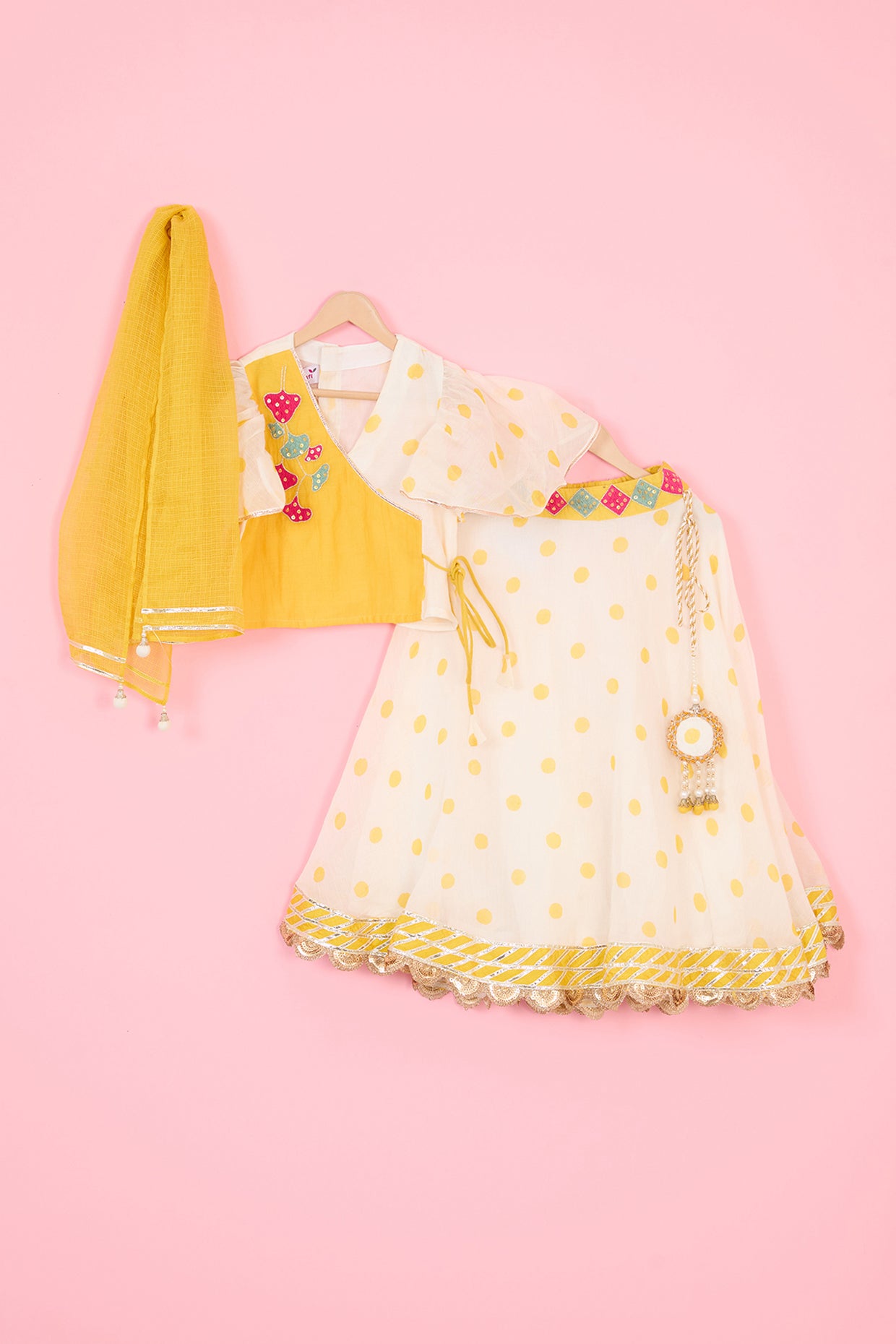 Off-White Pure Chanderi Polka Dot Printed Lehenga Set For Girls by Pankhuri by Priyanka - Kids at Pernia's Pop Up Shop
