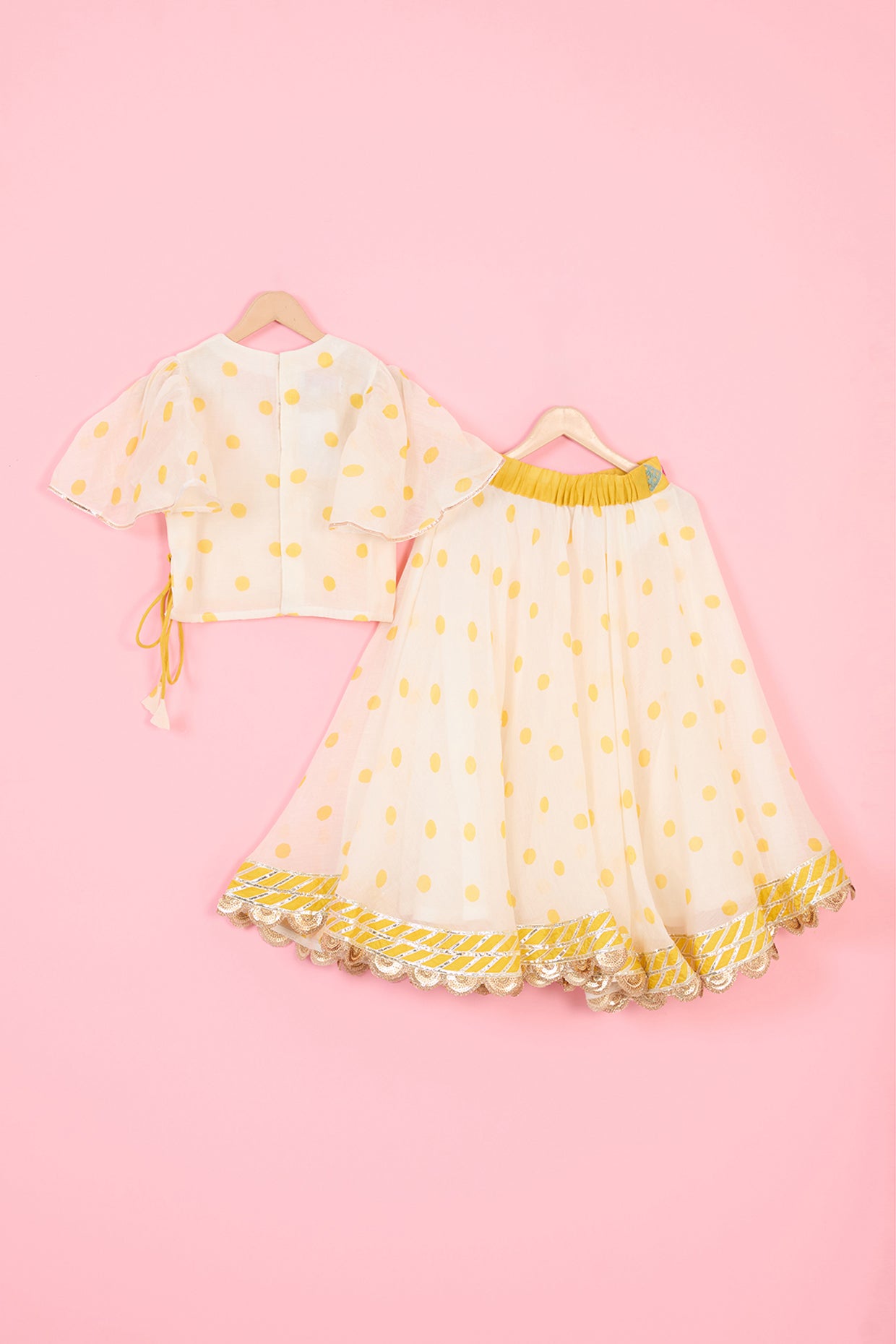 Off-White Pure Chanderi Polka Dot Printed Lehenga Set For Girls by Pankhuri by Priyanka - Kids at Pernia's Pop Up Shop