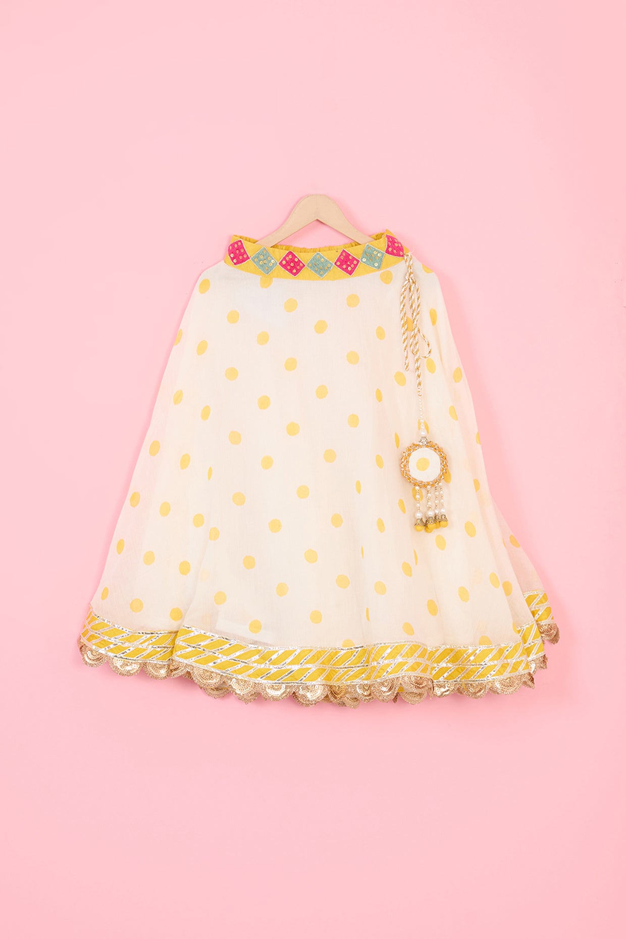 Off-White Pure Chanderi Polka Dot Printed Lehenga Set For Girls by Pankhuri by Priyanka - Kids at Pernia's Pop Up Shop