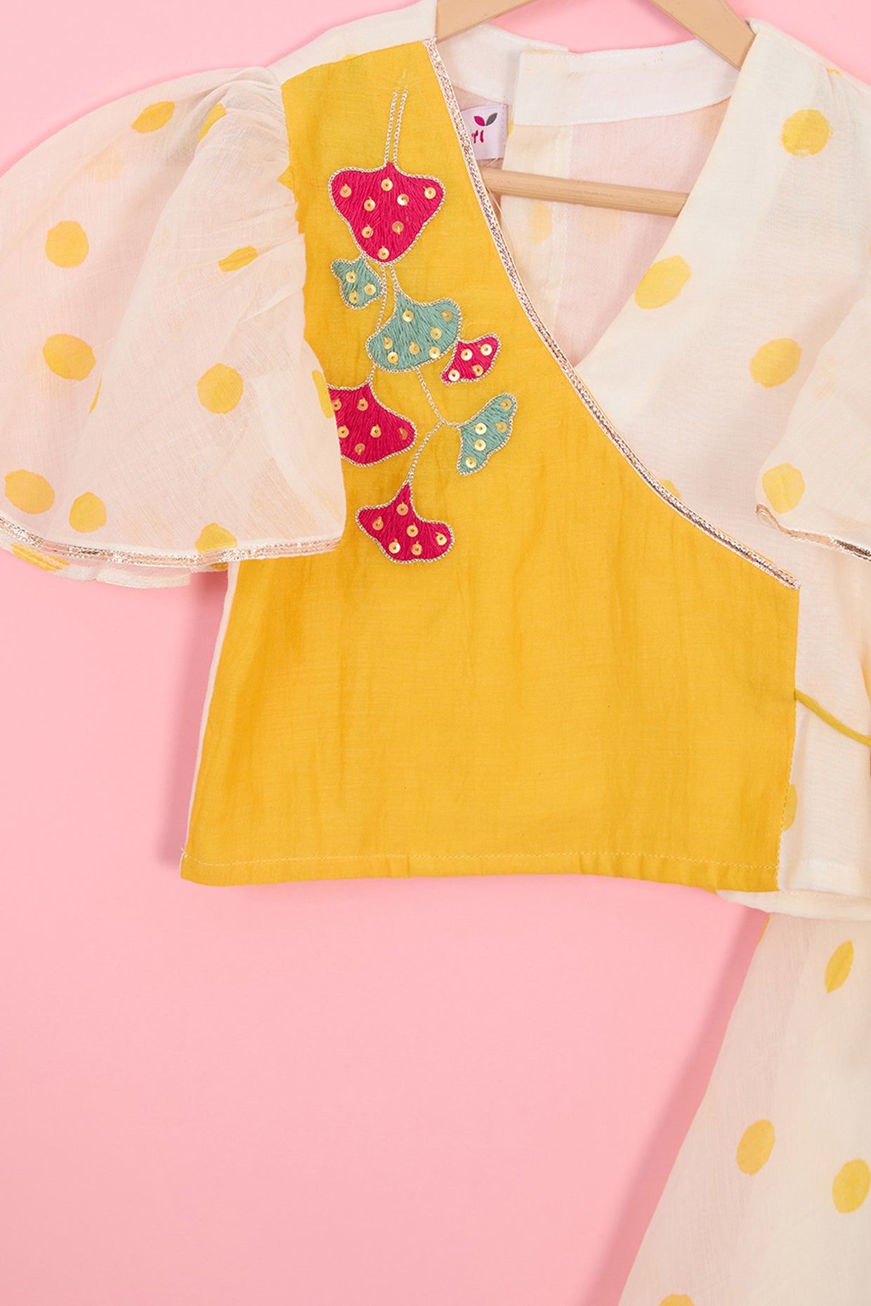 Off-White Pure Chanderi Polka Dot Printed Lehenga Set For Girls by Pankhuri by Priyanka - Kids at Pernia's Pop Up Shop