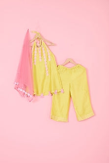 Yellow Pure Chanderi Halter Kurta Set For Girls by Pankhuri by Priyanka - Kids at Pernia's Pop Up Shop