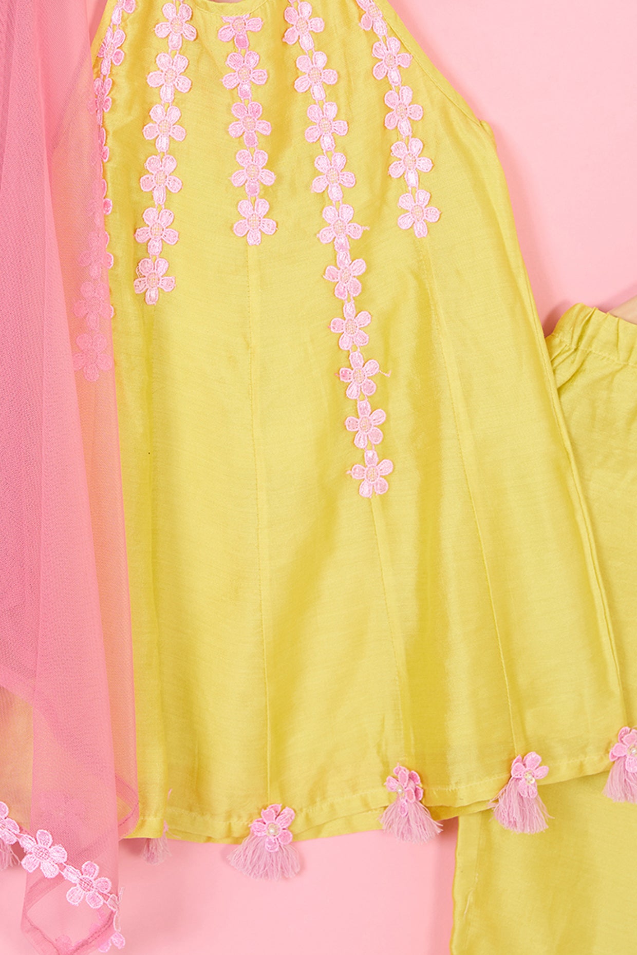 Yellow Pure Chanderi Halter Kurta Set For Girls by Pankhuri by Priyanka - Kids at Pernia's Pop Up Shop