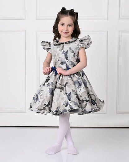 Blue Berry Peony Floral Printed Dress- Off white