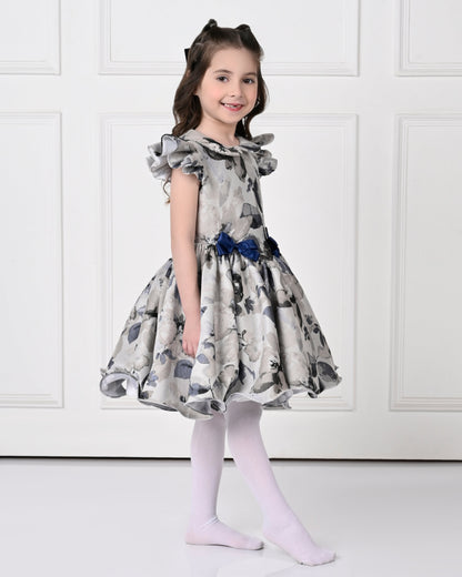 Blue Berry Peony Floral Printed Dress- Off white