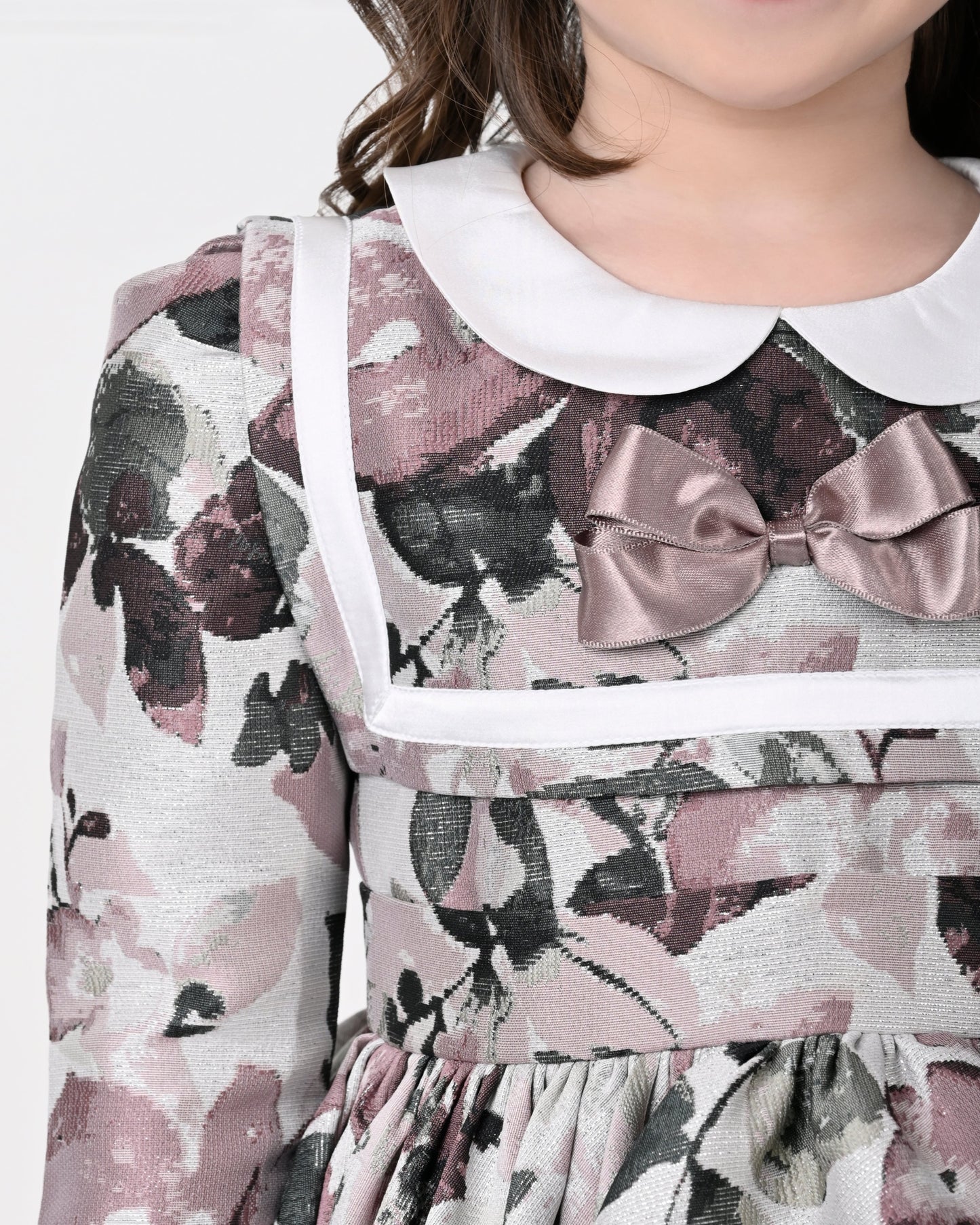 Full Sleeve Plum Floral Print Peony Dress-Off White