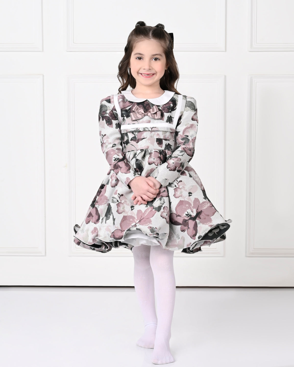 Full Sleeve Plum Floral Print Peony Dress-Off White
