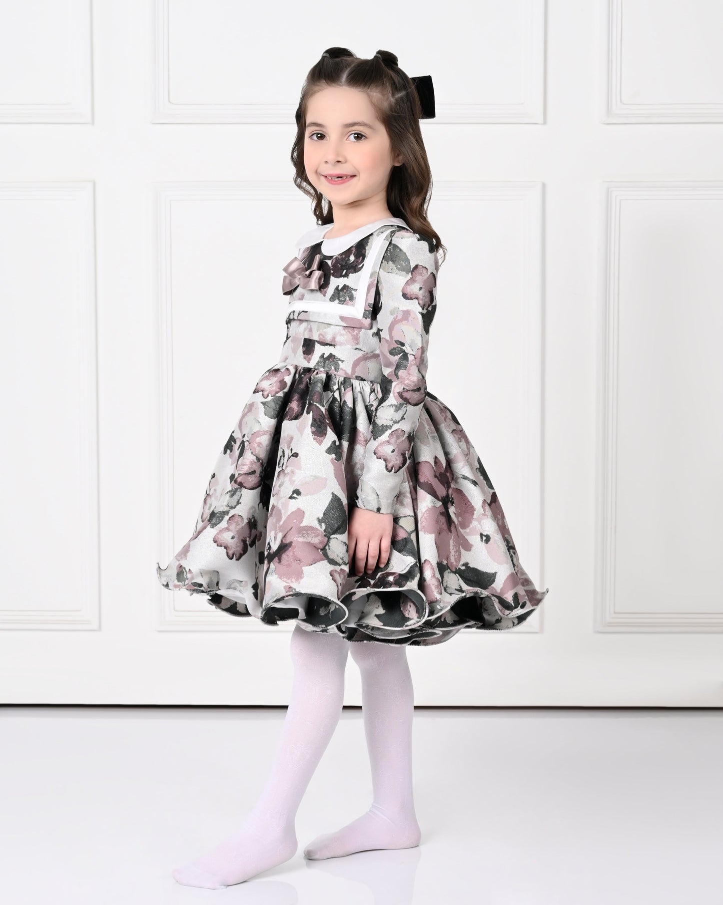 Full Sleeve Plum Floral Print Peony Dress-Off White