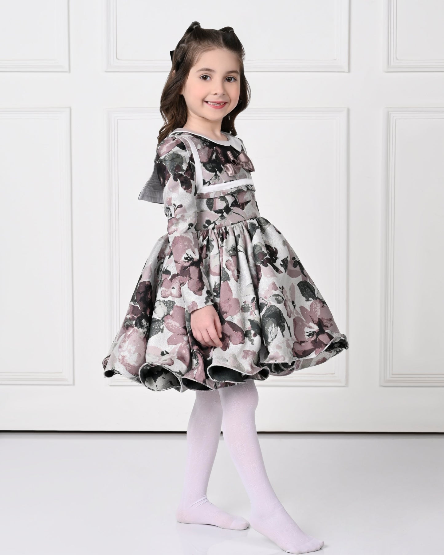 Full Sleeve Plum Floral Print Peony Dress-Off White