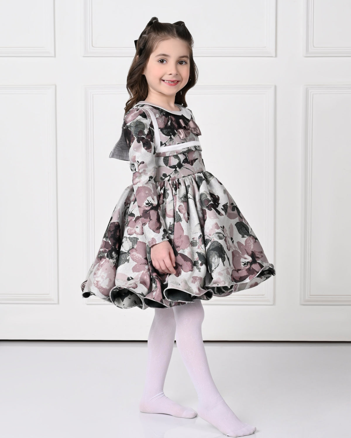Full Sleeve Plum Floral Print Peony Dress-Off White