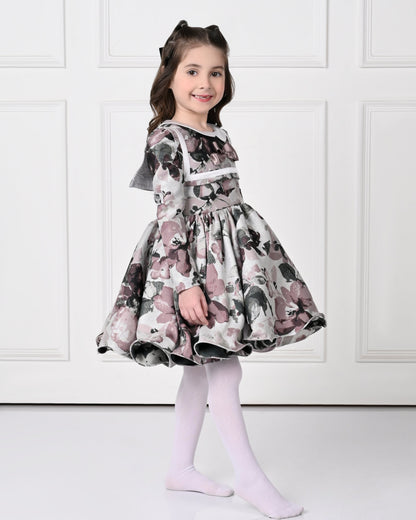 Full Sleeve Plum Floral Print Peony Dress-Off White