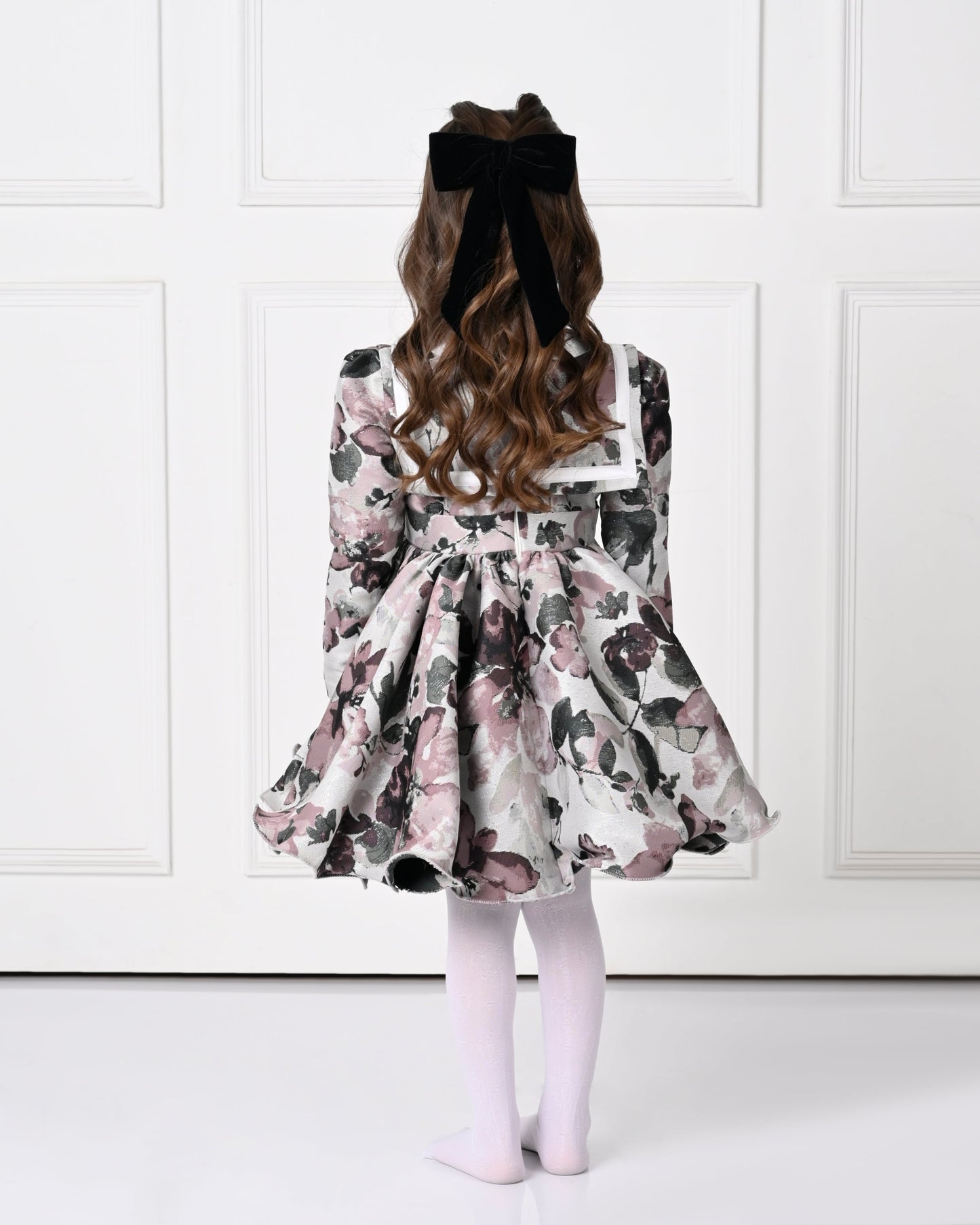 Full Sleeve Plum Floral Print Peony Dress-Off White