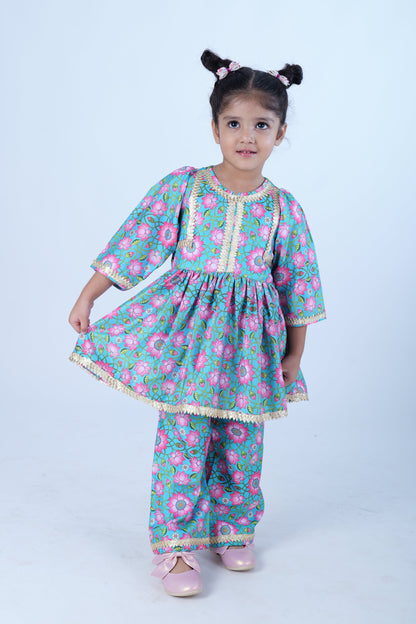 Green Printed Silk Kurta with Palazzo