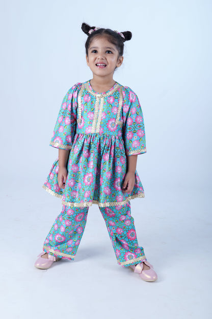 Green Printed Silk Kurta with Palazzo