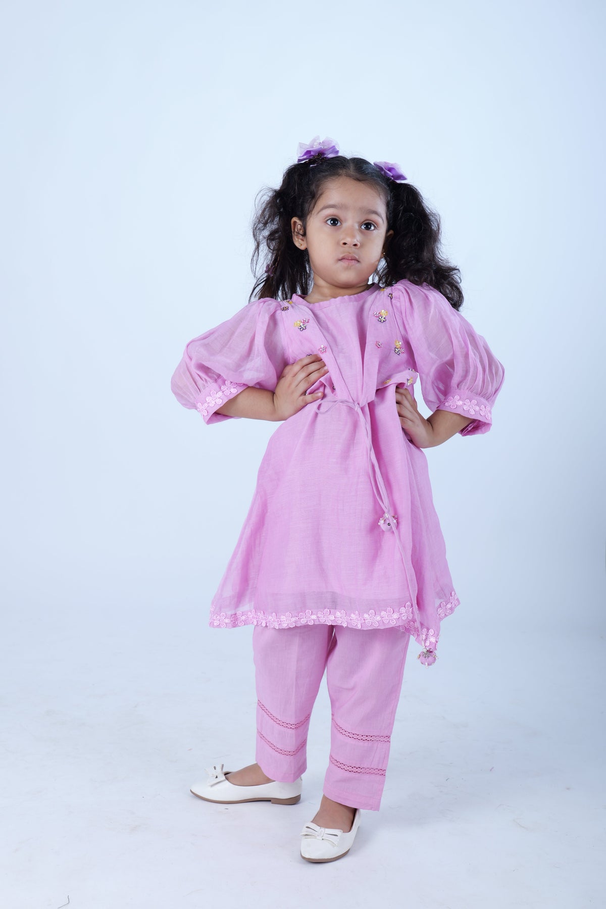 Light Pink Hand Embroidered Chanderi Mulmul Kurta with Pants